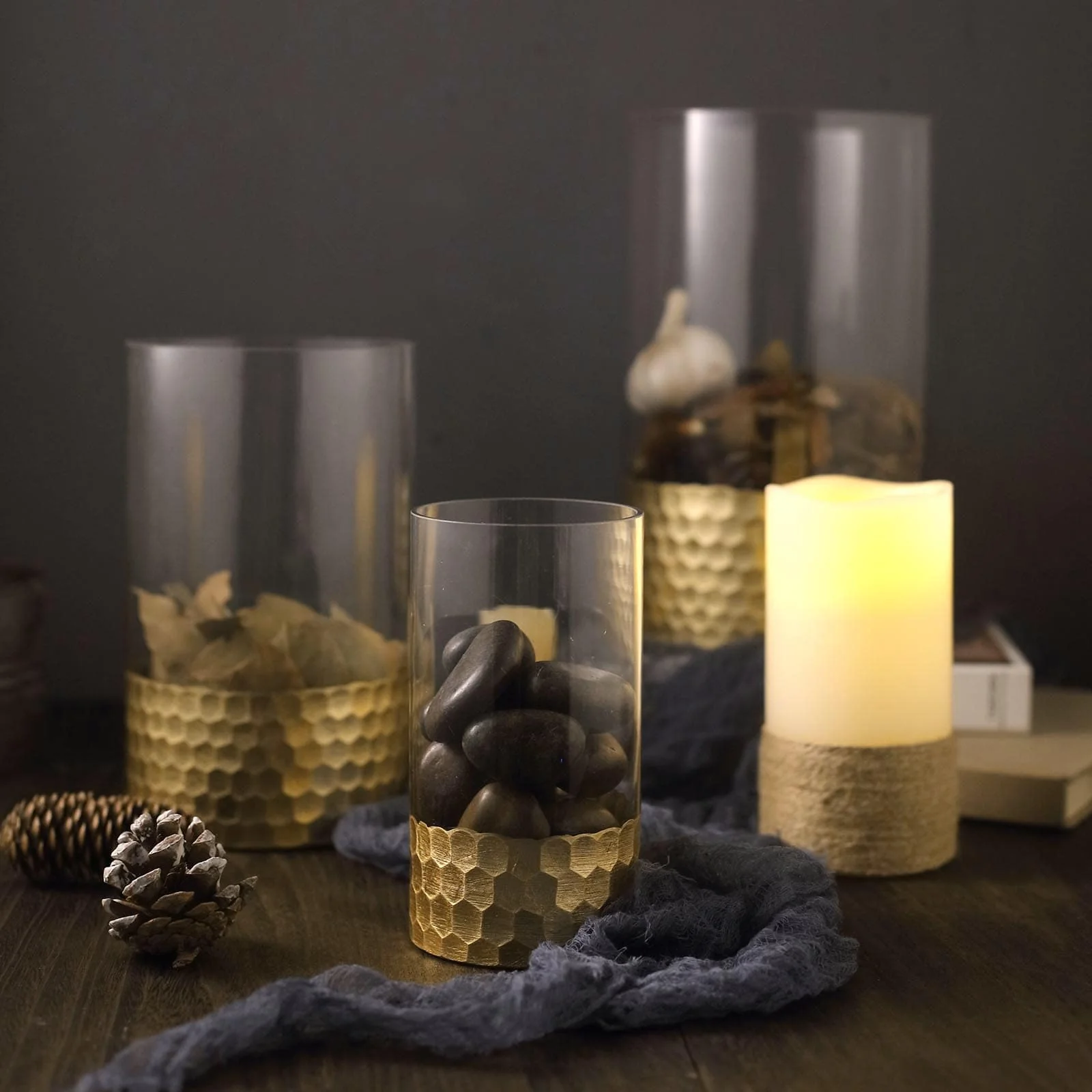 Set of 3 Glass Cylinder Vases Honeycomb Design 6", 8", 10" Clear with Gold Base - Tealight Wedding Centerpieces - Image 2