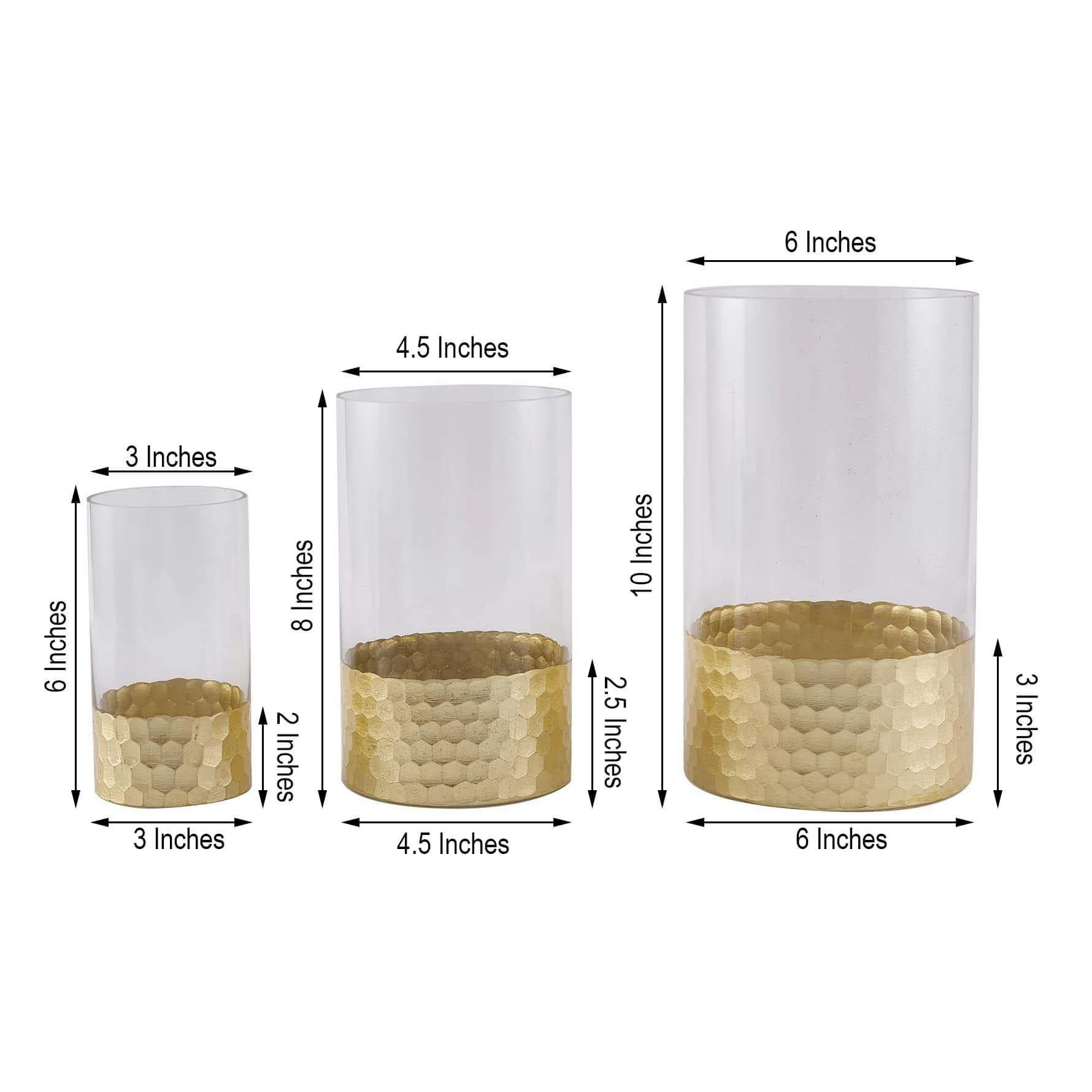 Set of 3 Glass Cylinder Vases Honeycomb Design 6", 8", 10" Clear with Gold Base - Tealight Wedding Centerpieces - Image 3
