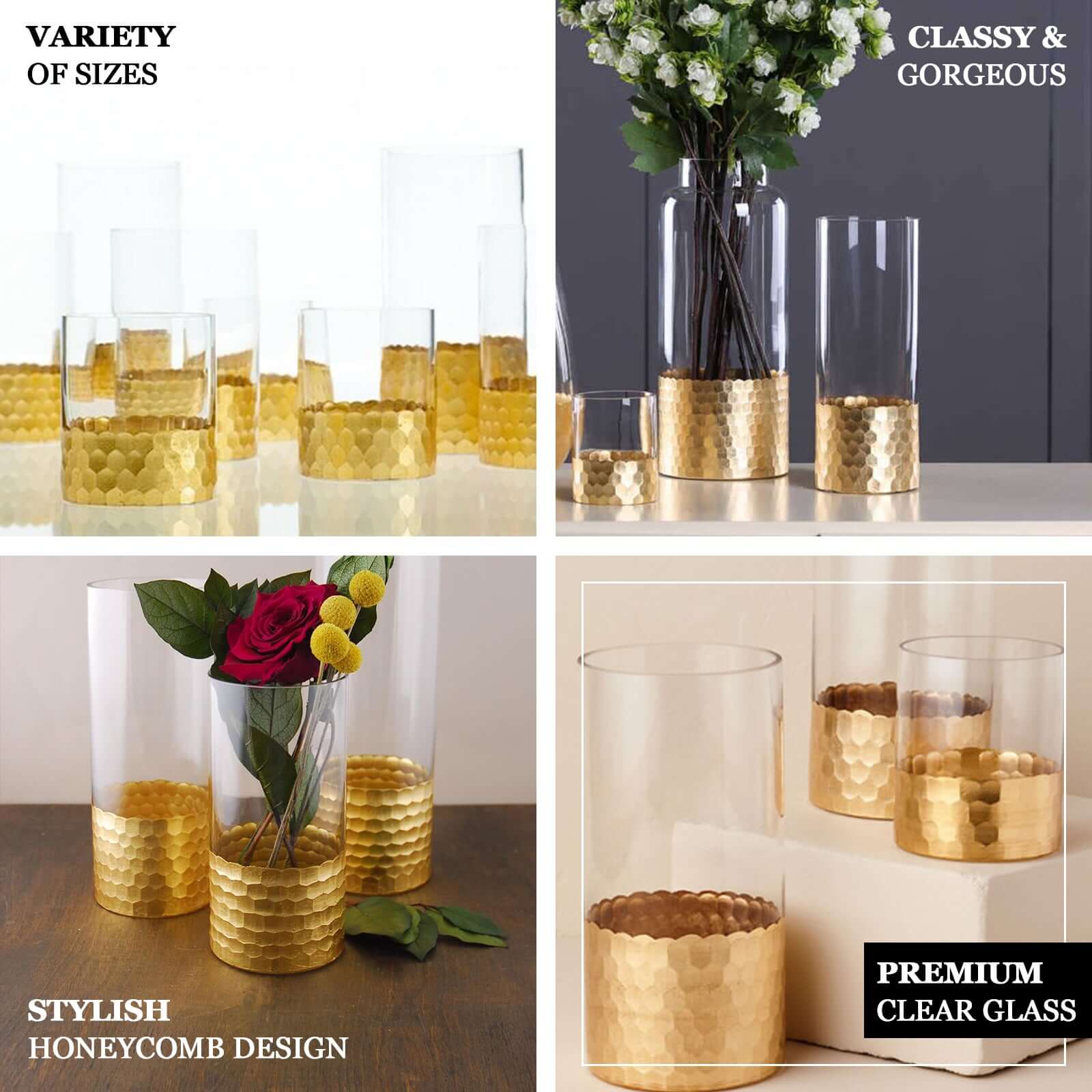Set of 3 Glass Cylinder Vases Honeycomb Design 6", 8", 10" Clear with Gold Base - Tealight Wedding Centerpieces - Image 4