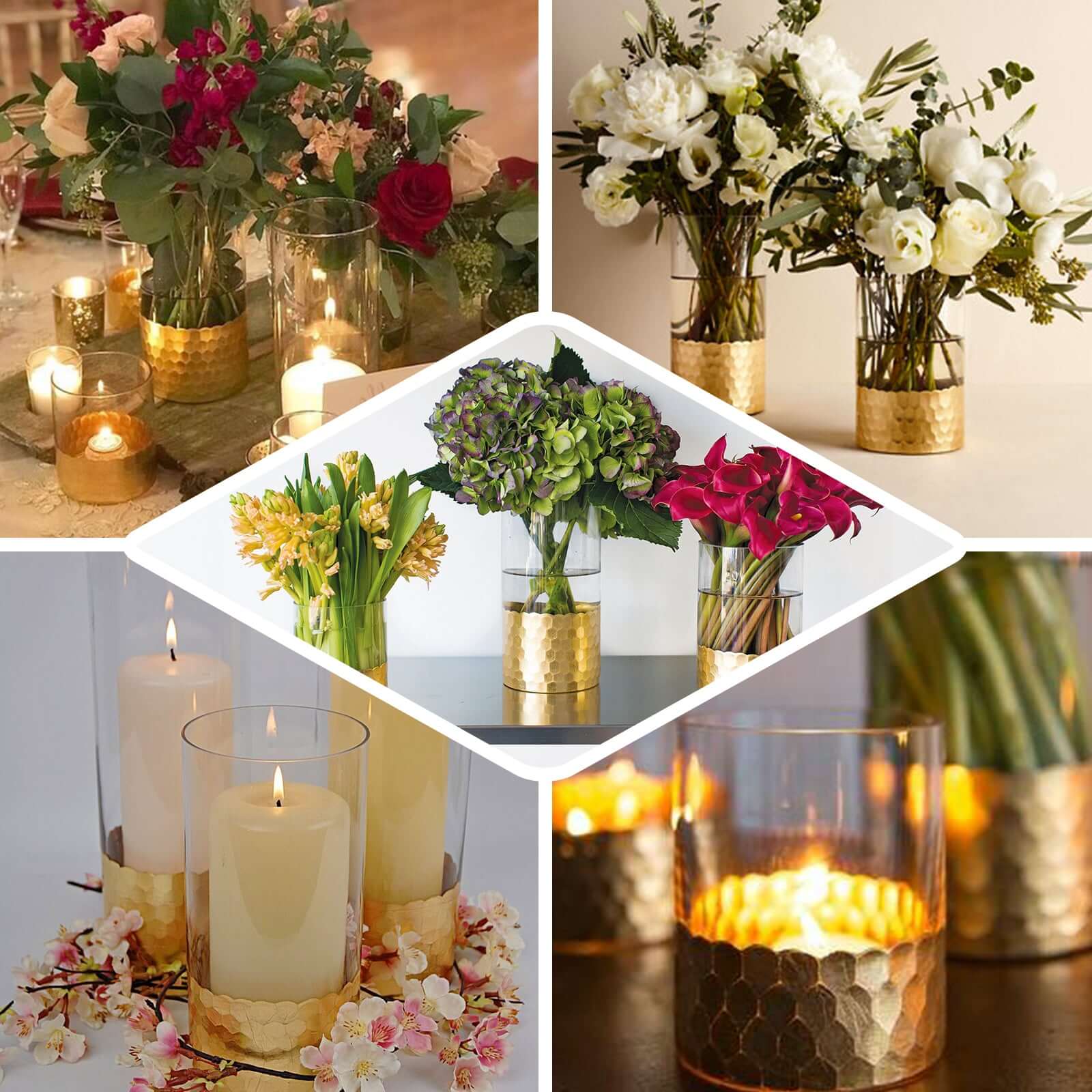 Set of 3 Glass Cylinder Vases Honeycomb Design 6", 8", 10" Clear with Gold Base - Tealight Wedding Centerpieces - Image 5