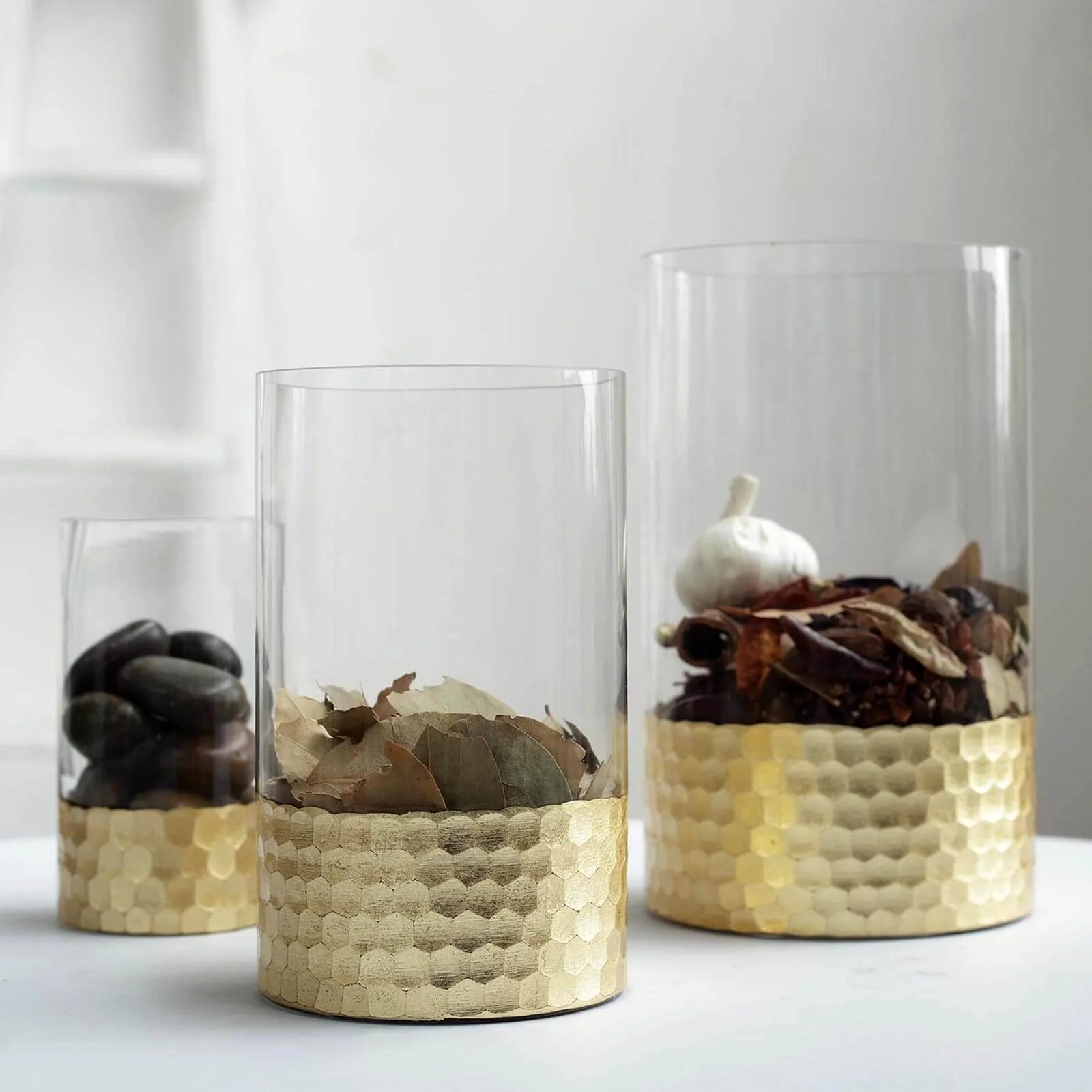 Set of 3 Glass Cylinder Vases Honeycomb Design 6", 8", 10" Clear with Gold Base - Tealight Wedding Centerpieces - Image 6