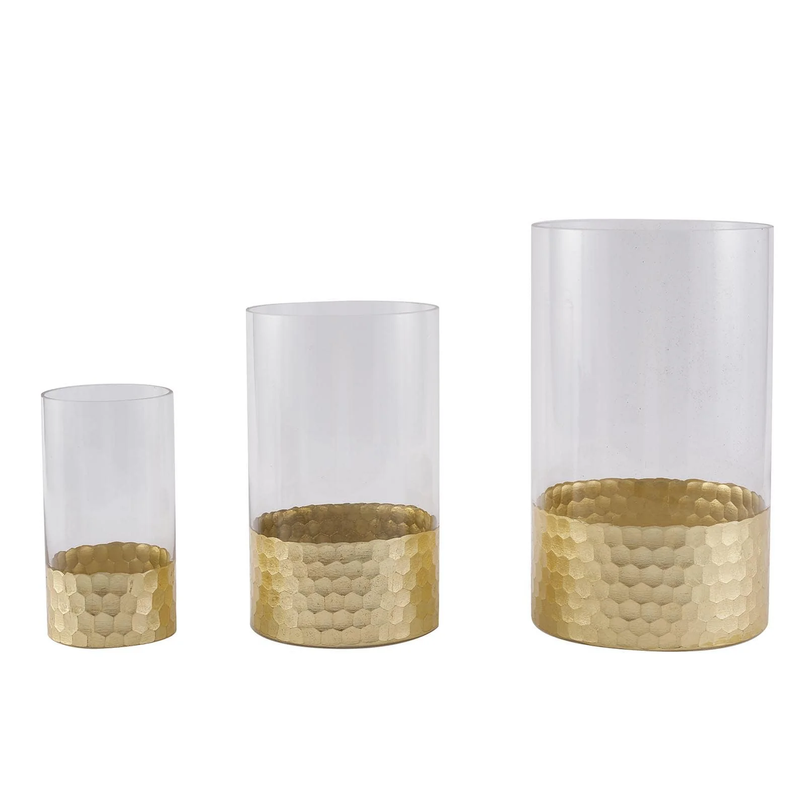 Set of 3 Glass Cylinder Vases Honeycomb Design 6", 8", 10" Clear with Gold Base - Tealight Wedding Centerpieces - Image 7