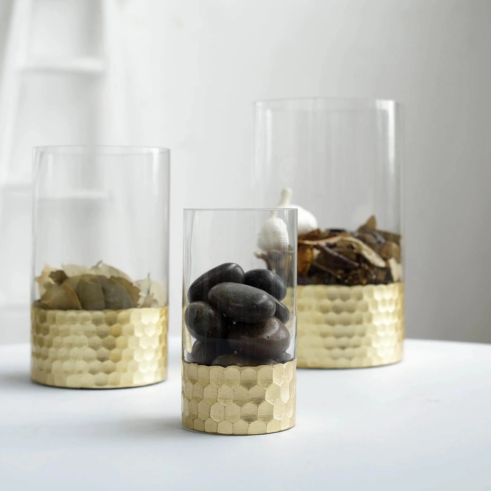 Set of 3 Glass Cylinder Vases Honeycomb Design 6", 8", 10" Clear with Gold Base - Tealight Wedding Centerpieces - Image 8