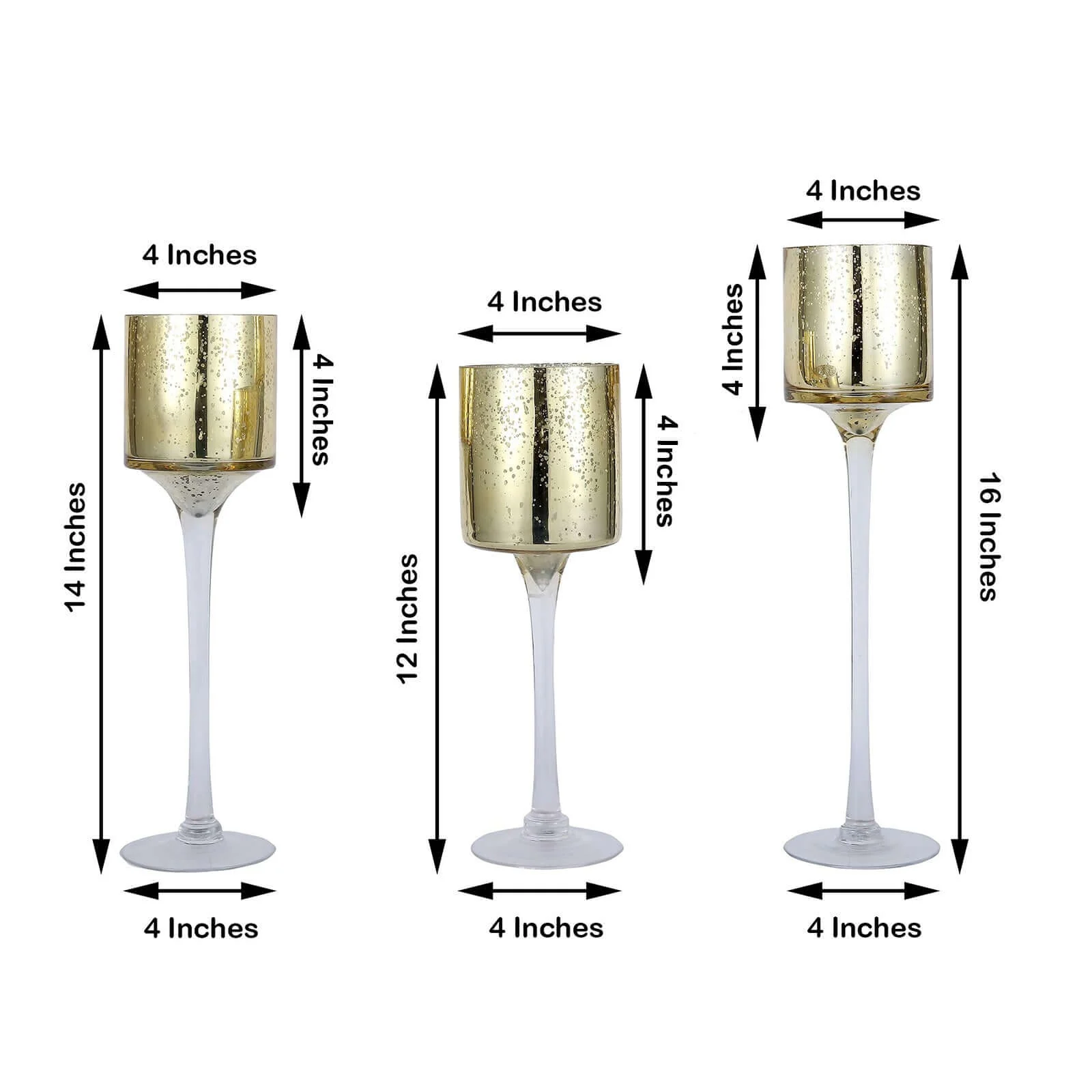 Set of 3 Glass Cylinder Vases Long Stem 12", 14", 16" Gold - Tealight Candle Holder Wedding Centerpieces - Image 3