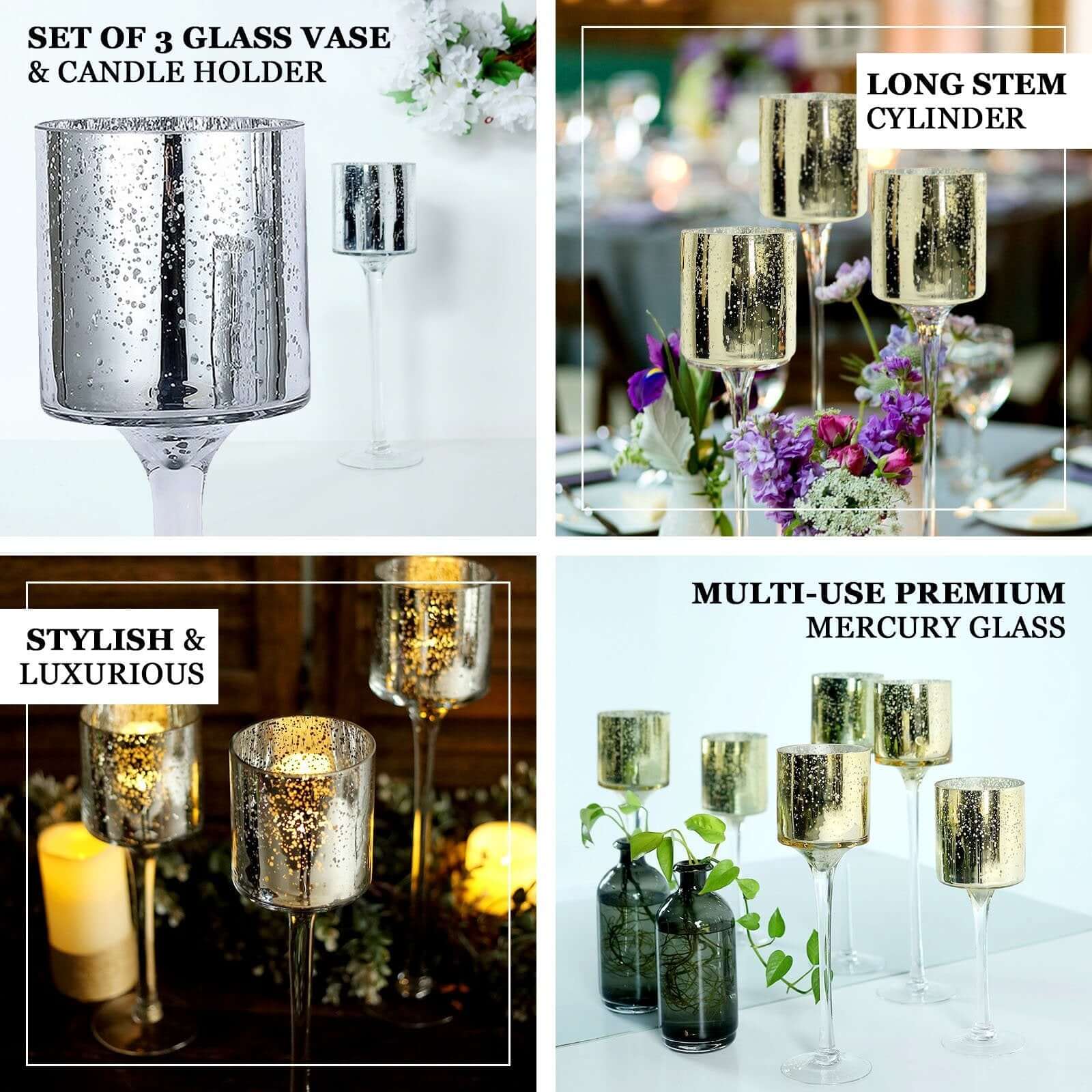 Set of 3 Glass Cylinder Vases Long Stem 12", 14", 16" Gold - Tealight Candle Holder Wedding Centerpieces - Image 4