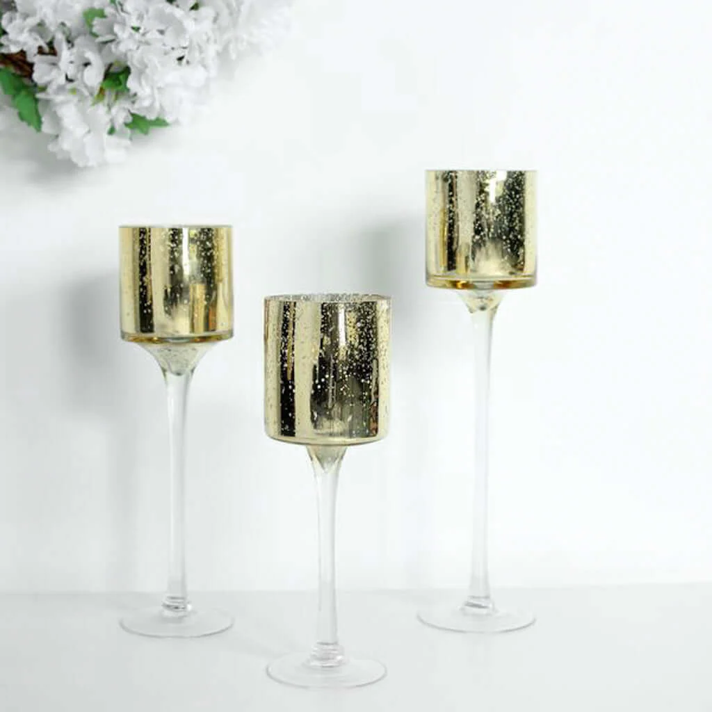 Set of 3 Glass Cylinder Vases Long Stem 12", 14", 16" Gold - Tealight Candle Holder Wedding Centerpieces - Image 6