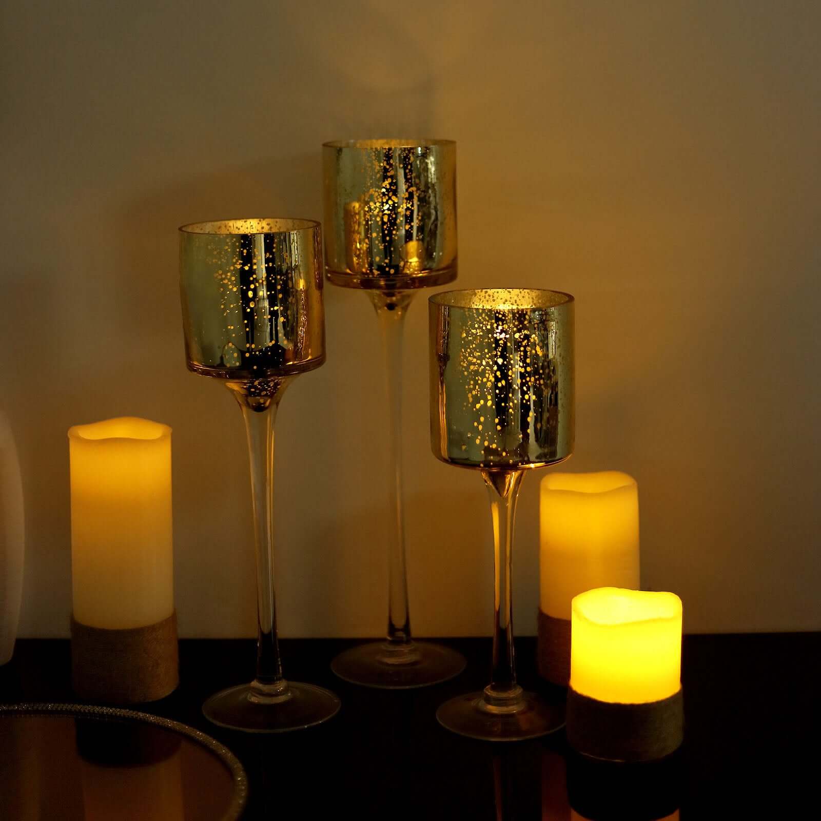 Set of 3 Glass Cylinder Vases Long Stem 12", 14", 16" Gold - Tealight Candle Holder Wedding Centerpieces - Image 8