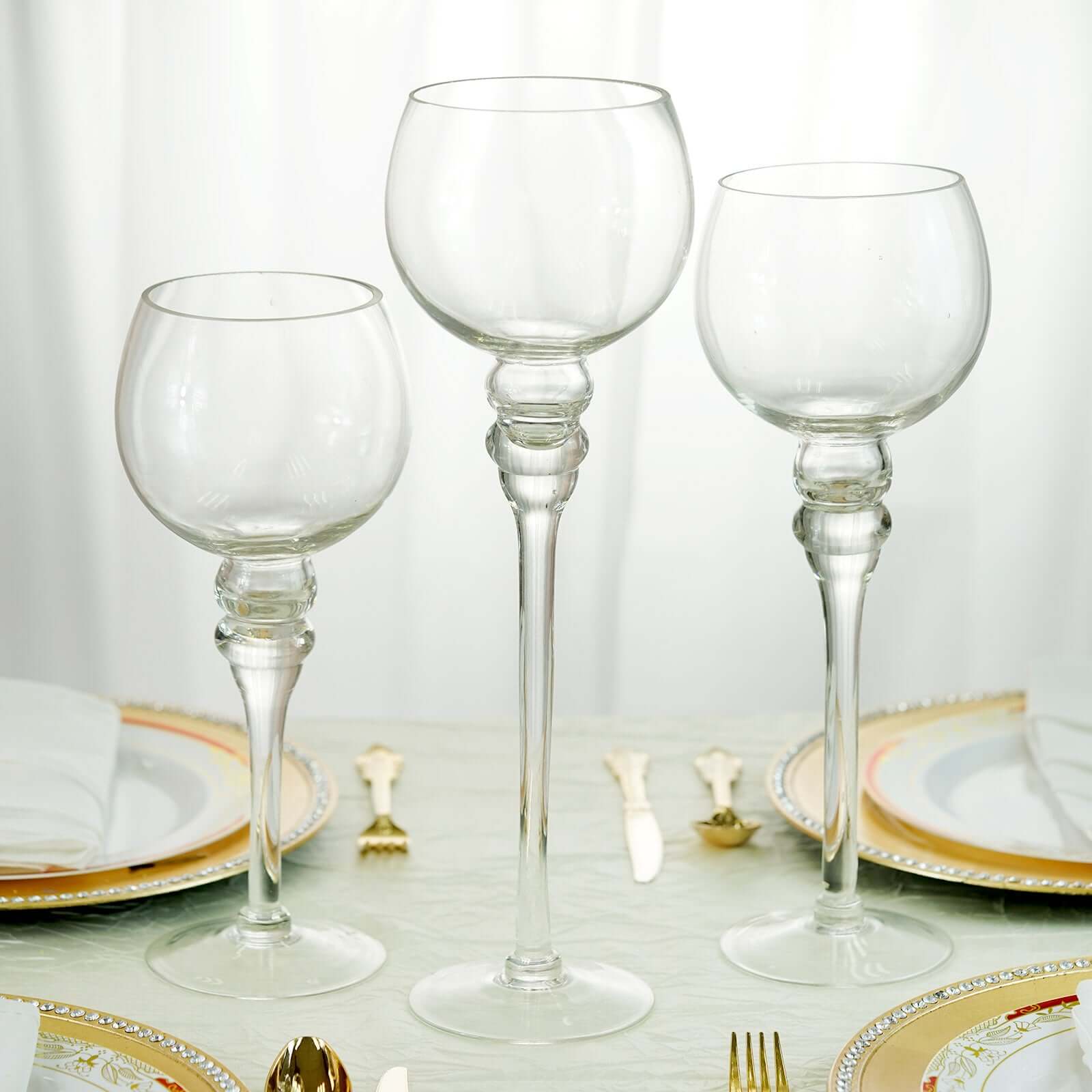 Set of 3 Glass Globe Vases Long Stem 12", 14", 16" Clear - Tealight Candle Holder Centerpieces for Weddings