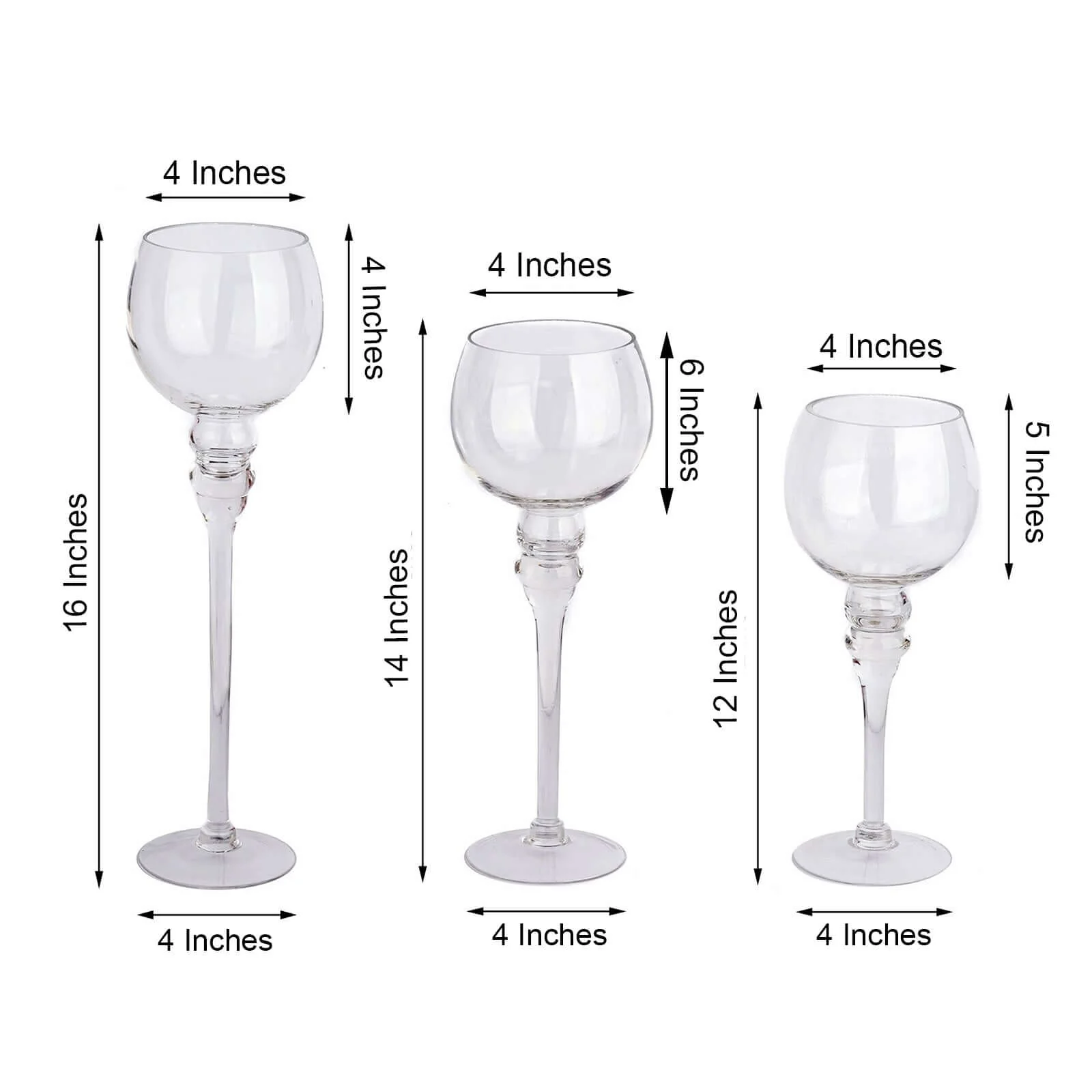Set of 3 Glass Globe Vases Long Stem 12", 14", 16" Clear - Tealight Candle Holder Centerpieces for Weddings - Image 3