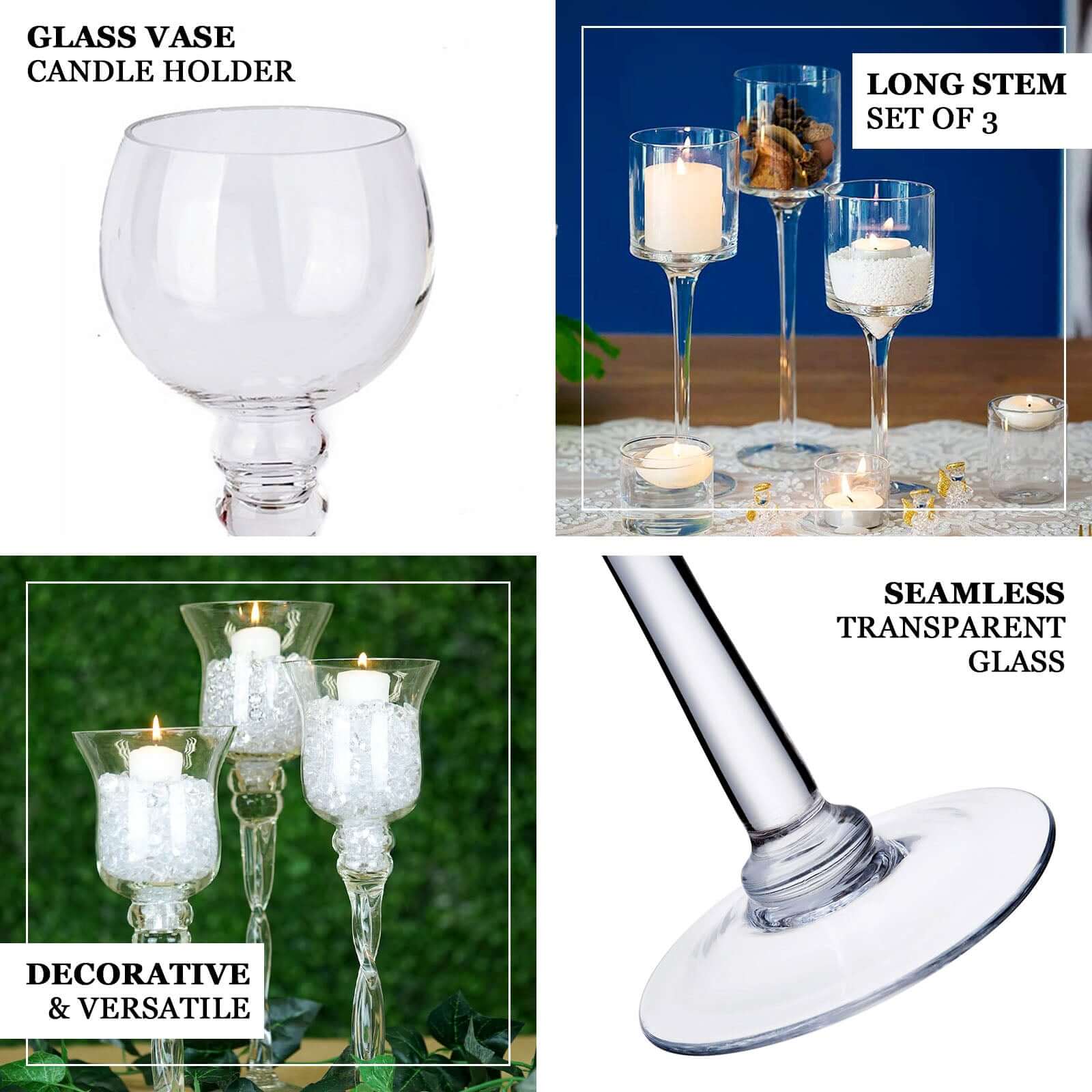 Set of 3 Glass Globe Vases Long Stem 12", 14", 16" Clear - Tealight Candle Holder Centerpieces for Weddings - Image 4