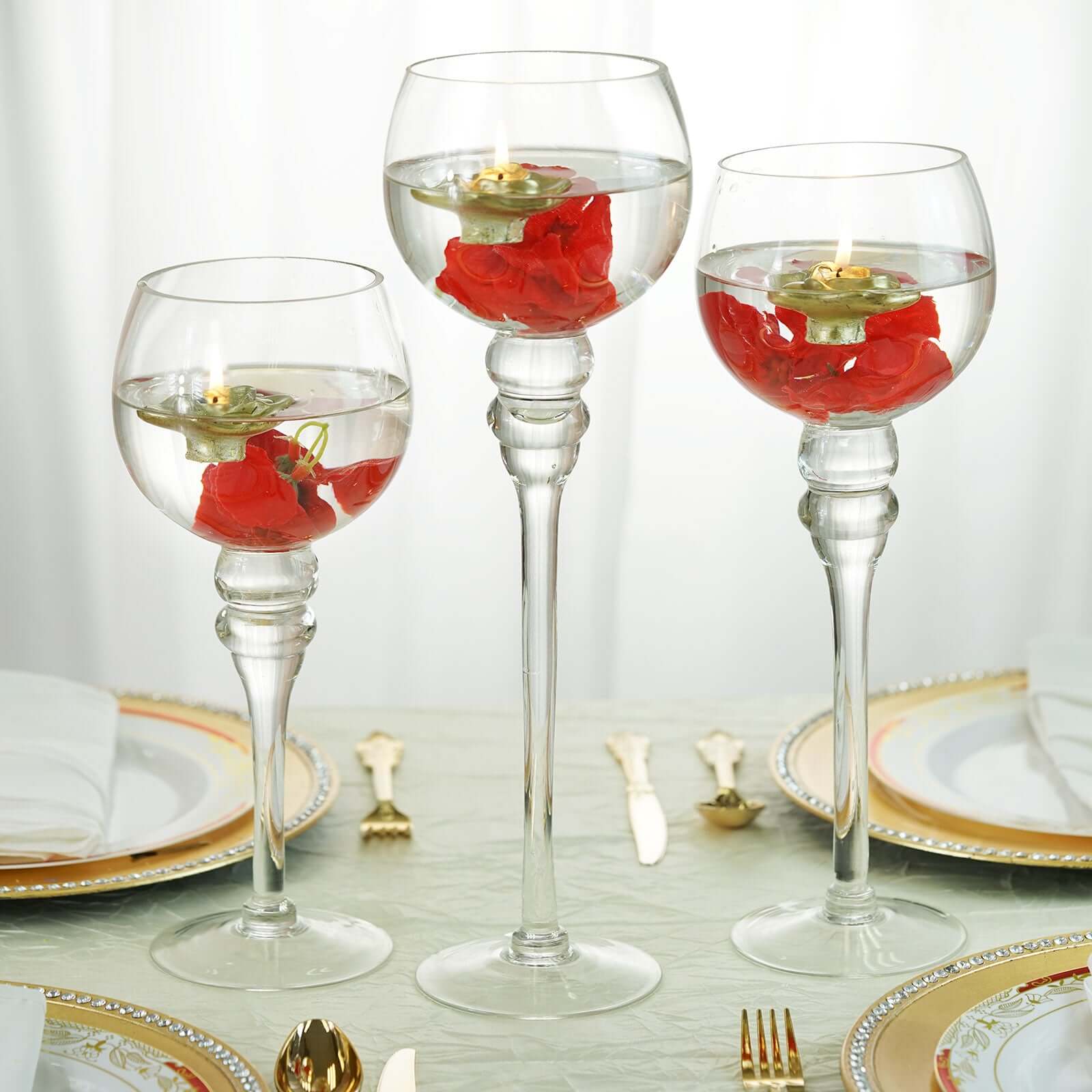 Set of 3 Glass Globe Vases Long Stem 12", 14", 16" Clear - Tealight Candle Holder Centerpieces for Weddings - Image 6