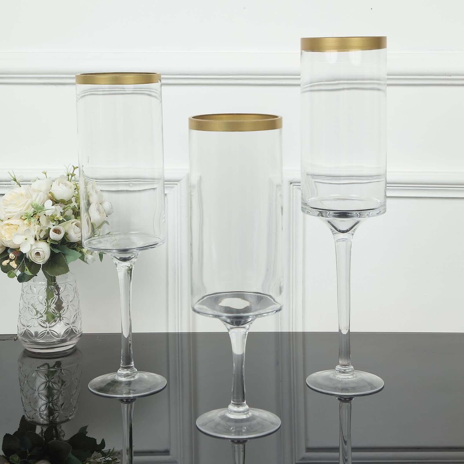 Set of 3 Glass Hurricane Candle Holders Long Stem 16", 18", 20" Clear with Gold Rim - Cylindrical Pedestal Wedding Centerpieces