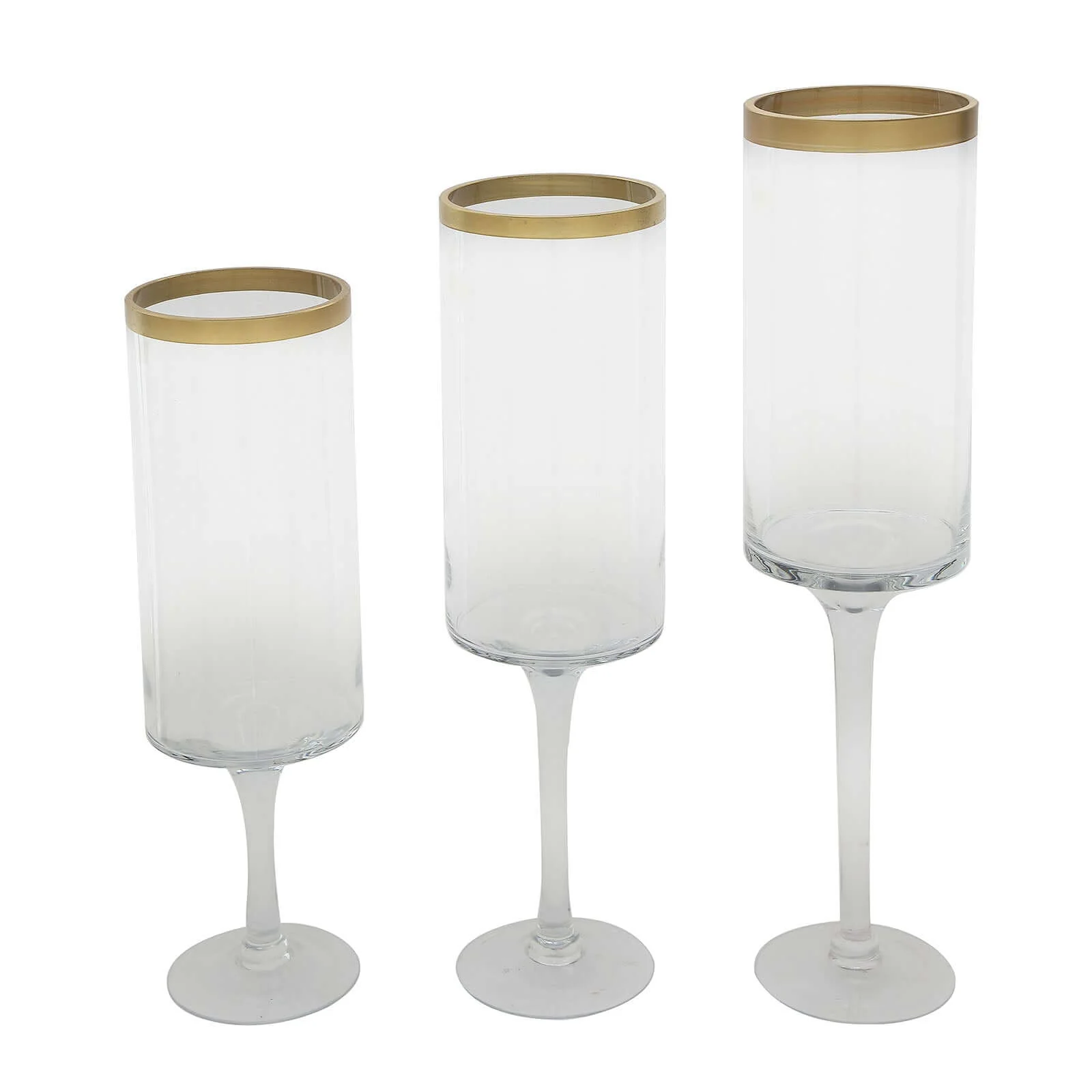 Set of 3 Glass Hurricane Candle Holders Long Stem 16", 18", 20" Clear with Gold Rim - Cylindrical Pedestal Wedding Centerpieces - Image 7