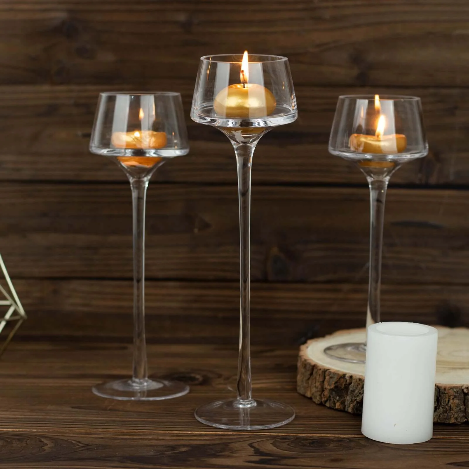 Set of 3 Glass Pedestal Vases Long Stem 8", 9", 10" Clear - Tall Tealight Candle Holders for Weddings - Image 2