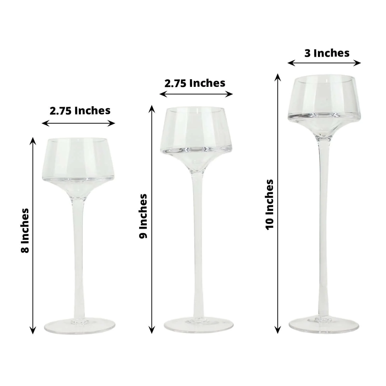 Set of 3 Glass Pedestal Vases Long Stem 8", 9", 10" Clear - Tall Tealight Candle Holders for Weddings - Image 3