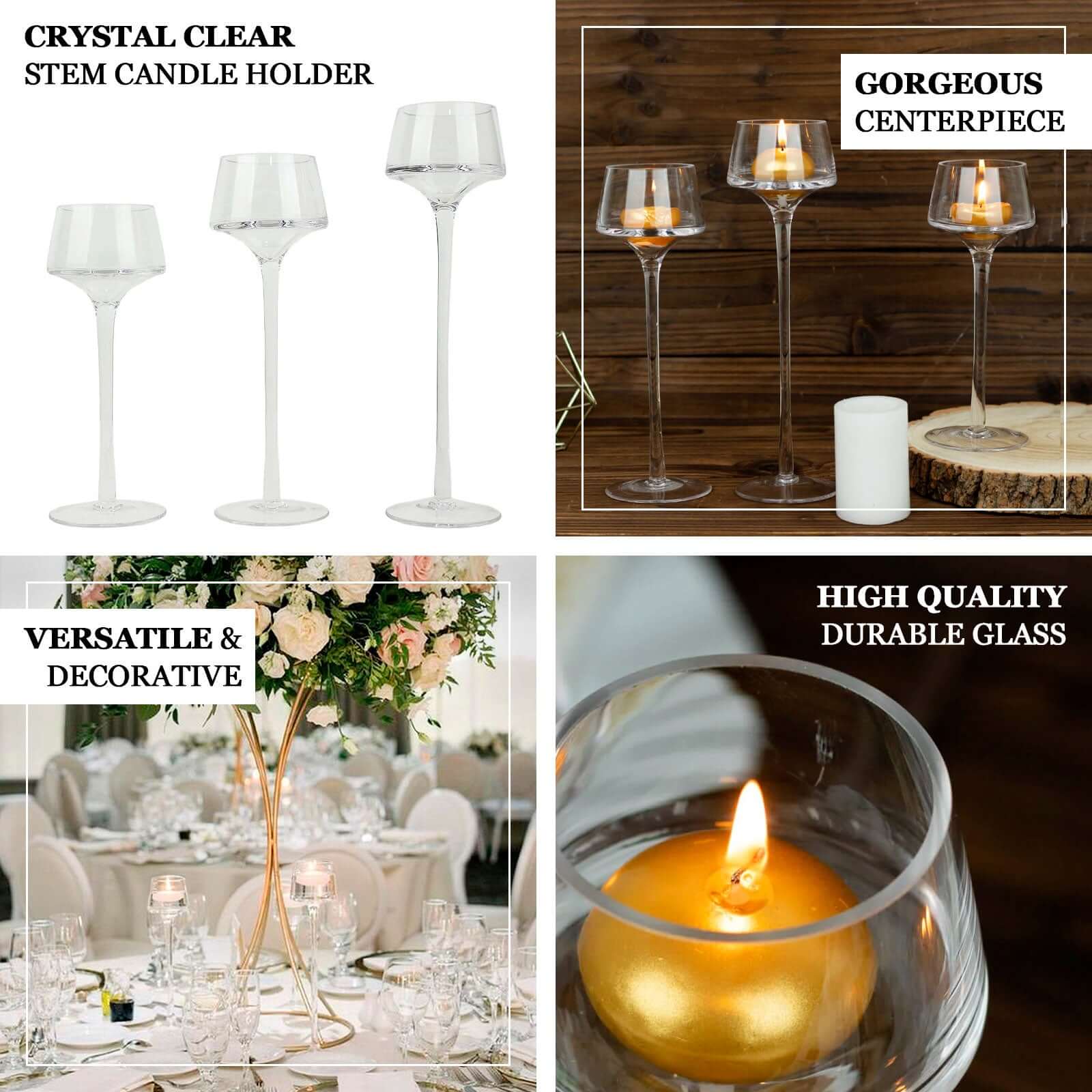 Set of 3 Glass Pedestal Vases Long Stem 8", 9", 10" Clear - Tall Tealight Candle Holders for Weddings - Image 4
