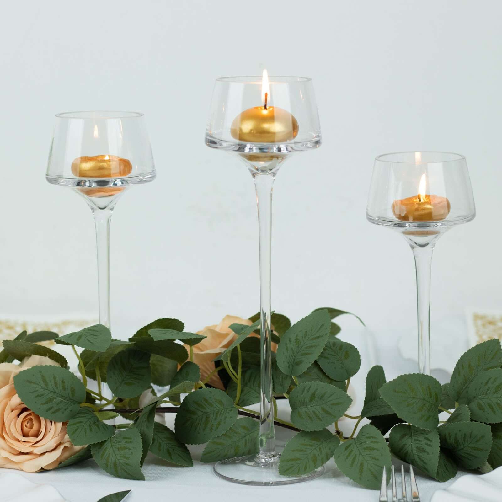 Set of 3 Glass Pedestal Vases Long Stem 8", 9", 10" Clear - Tall Tealight Candle Holders for Weddings - Image 5