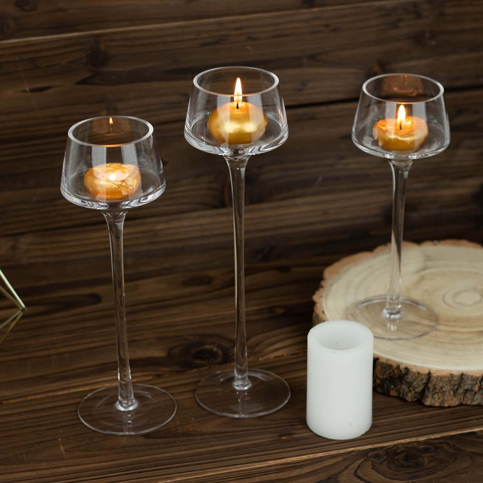 Set of 3 Glass Pedestal Vases Long Stem 8", 9", 10" Clear - Tall Tealight Candle Holders for Weddings - Image 7