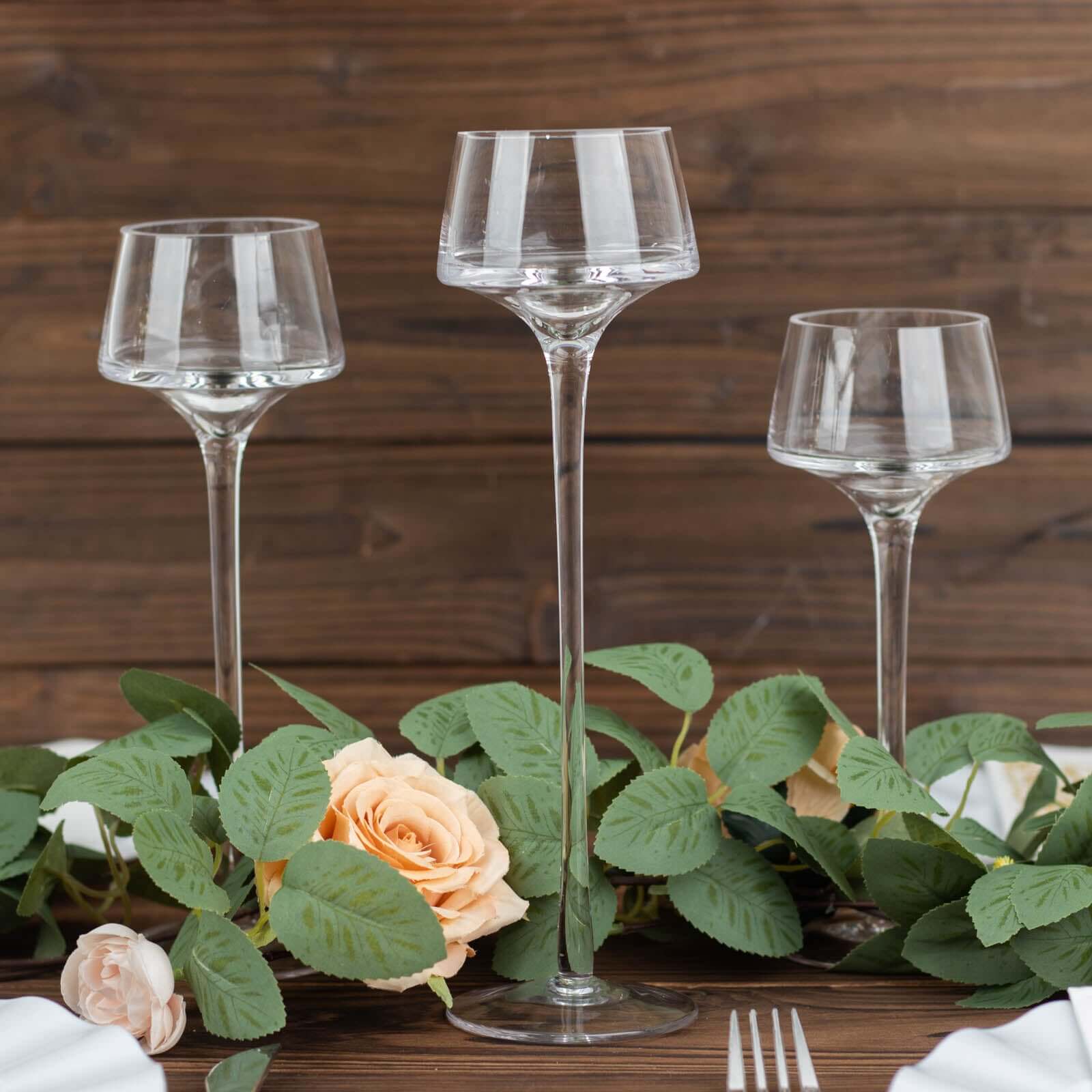 Set of 3 Glass Pedestal Vases Long Stem 8", 9", 10" Clear - Tall Tealight Candle Holders for Weddings - Image 8
