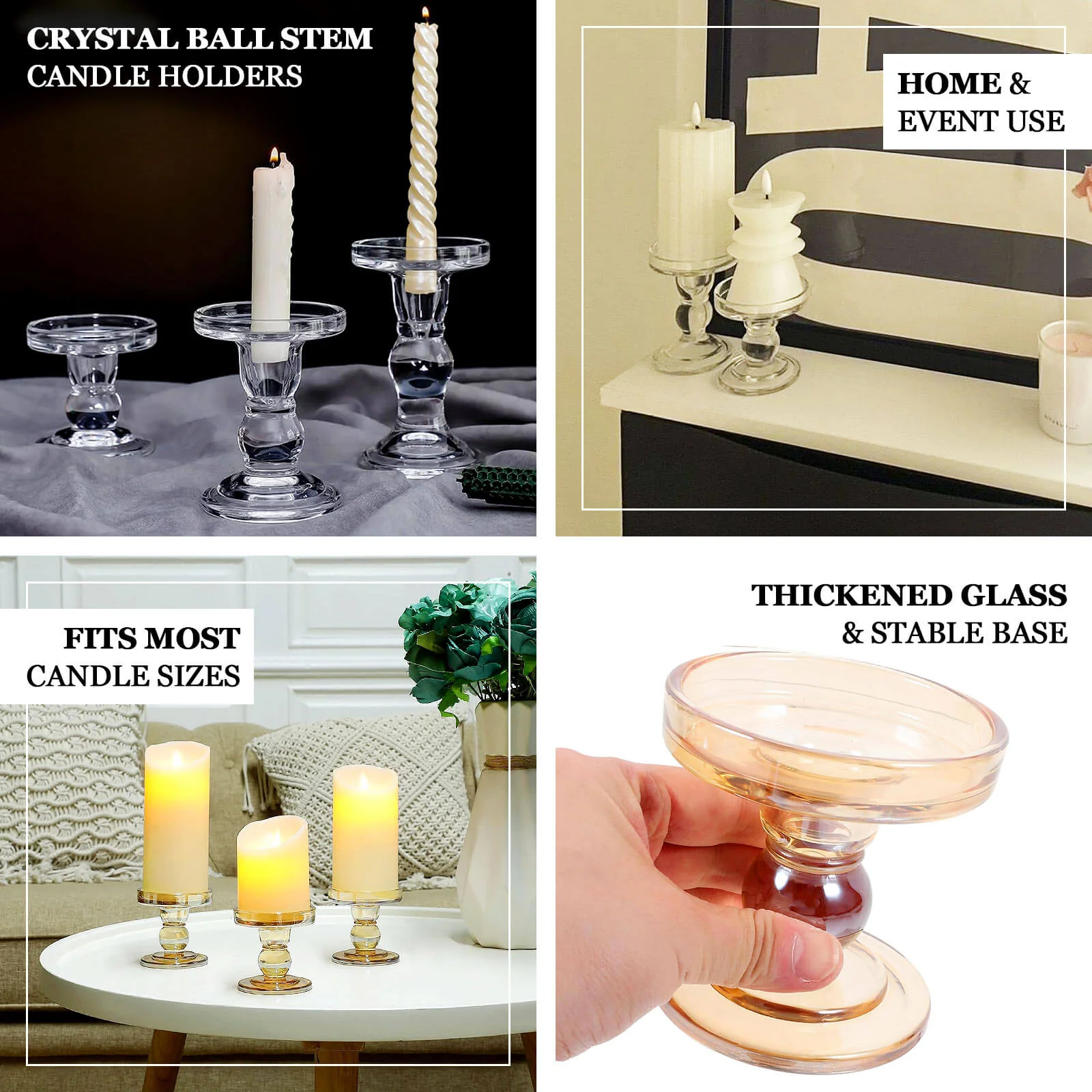 Set of 3 Glass Pillar Candle Holders 3.5", 4.5", 5.5" Amber Gold with Round Tray - Crystal Ball Stem Taper Candlestick Tea Light Stands - Image 3