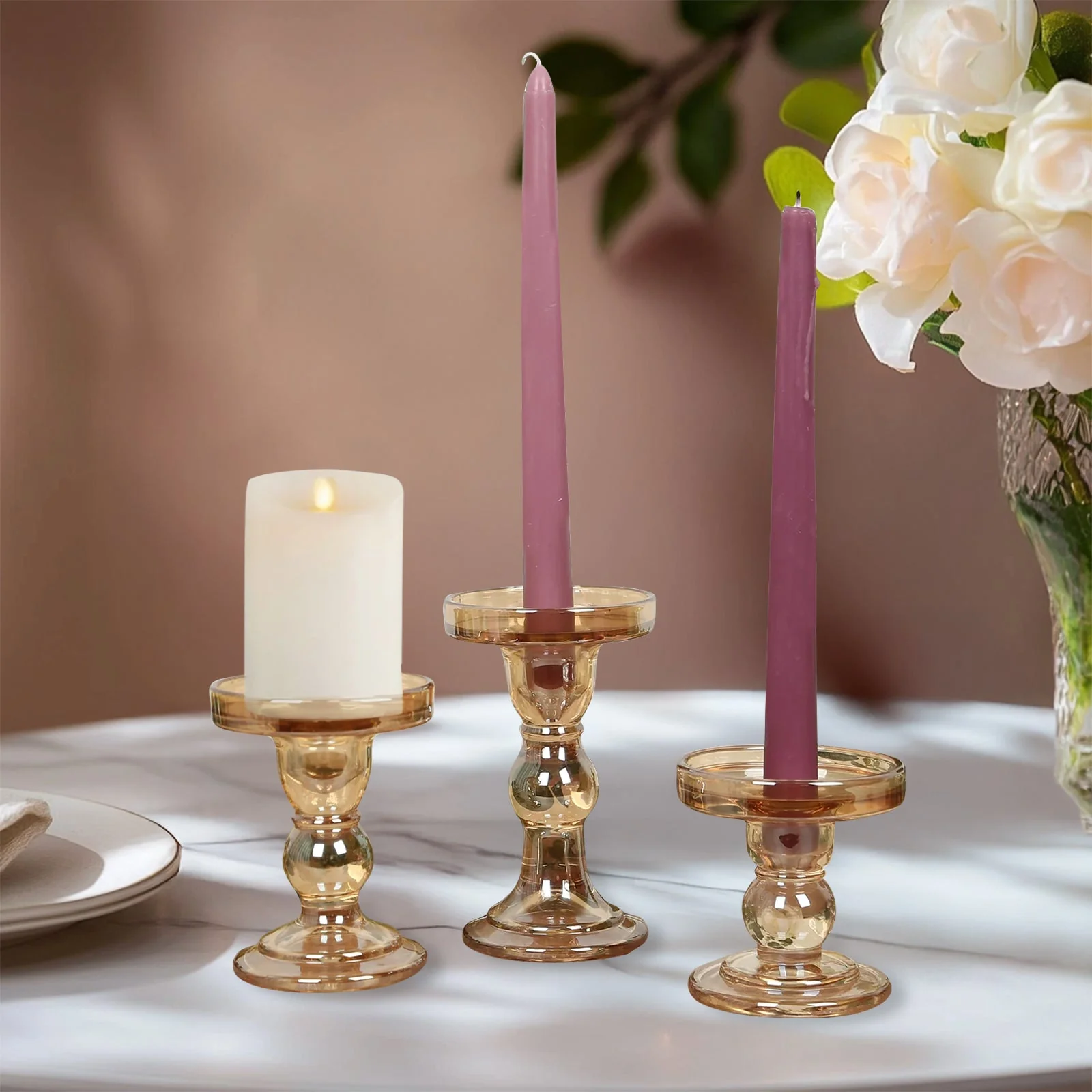 Set of 3 Glass Pillar Candle Holders 3.5", 4.5", 5.5" Amber Gold with Round Tray - Crystal Ball Stem Taper Candlestick Tea Light Stands - Image 5