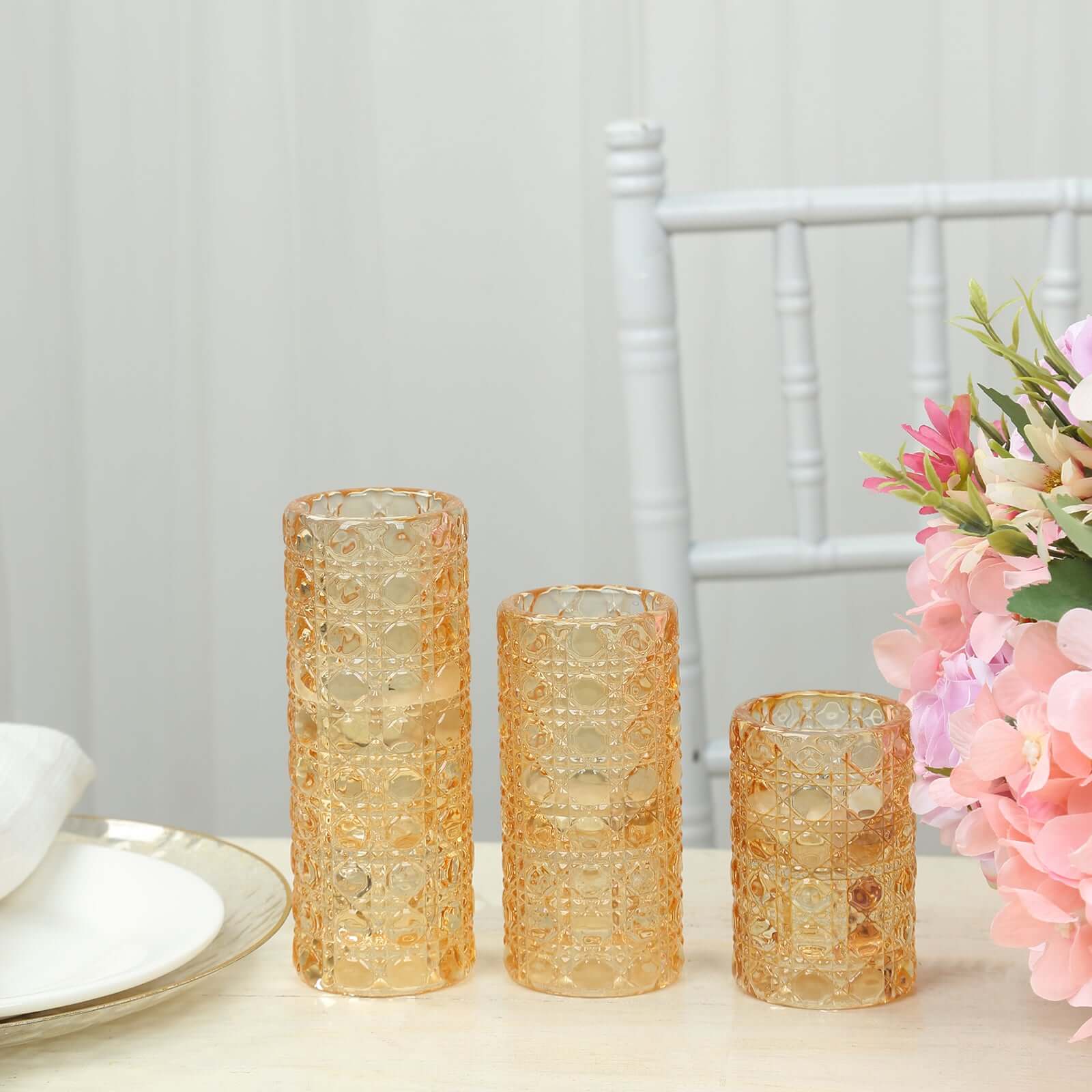 Set of 3 Glass Taper Candle Holders 3", 4", 5.5" Amber Gold with Gemstone Pattern - Dual Sided Crystal Cylinder Tealight Stands