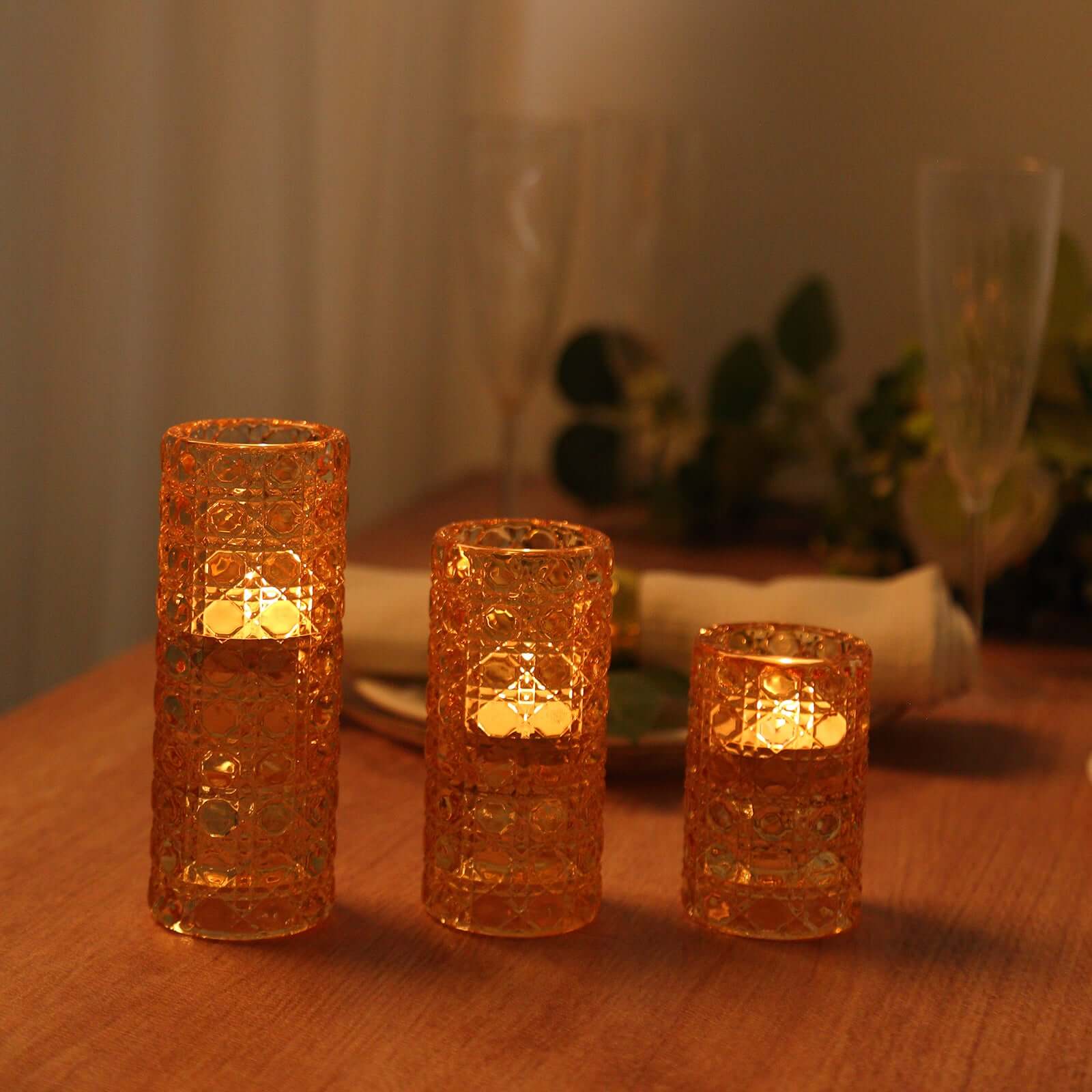 Set of 3 Glass Taper Candle Holders 3", 4", 5.5" Amber Gold with Gemstone Pattern - Dual Sided Crystal Cylinder Tealight Stands - Image 2