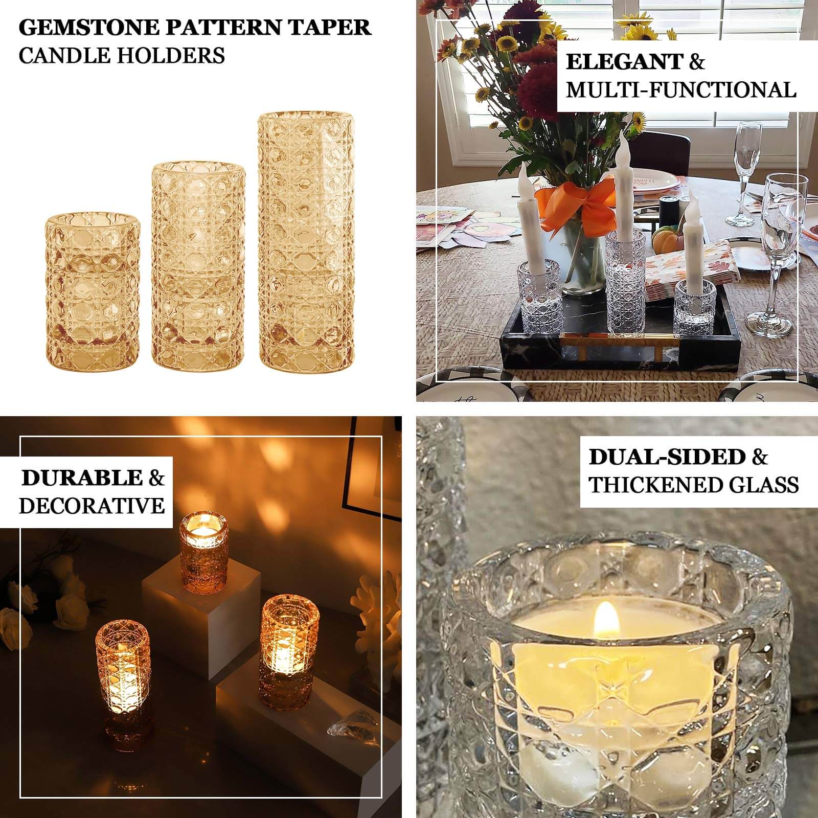 Set of 3 Glass Taper Candle Holders 3", 4", 5.5" Amber Gold with Gemstone Pattern - Dual Sided Crystal Cylinder Tealight Stands - Image 4