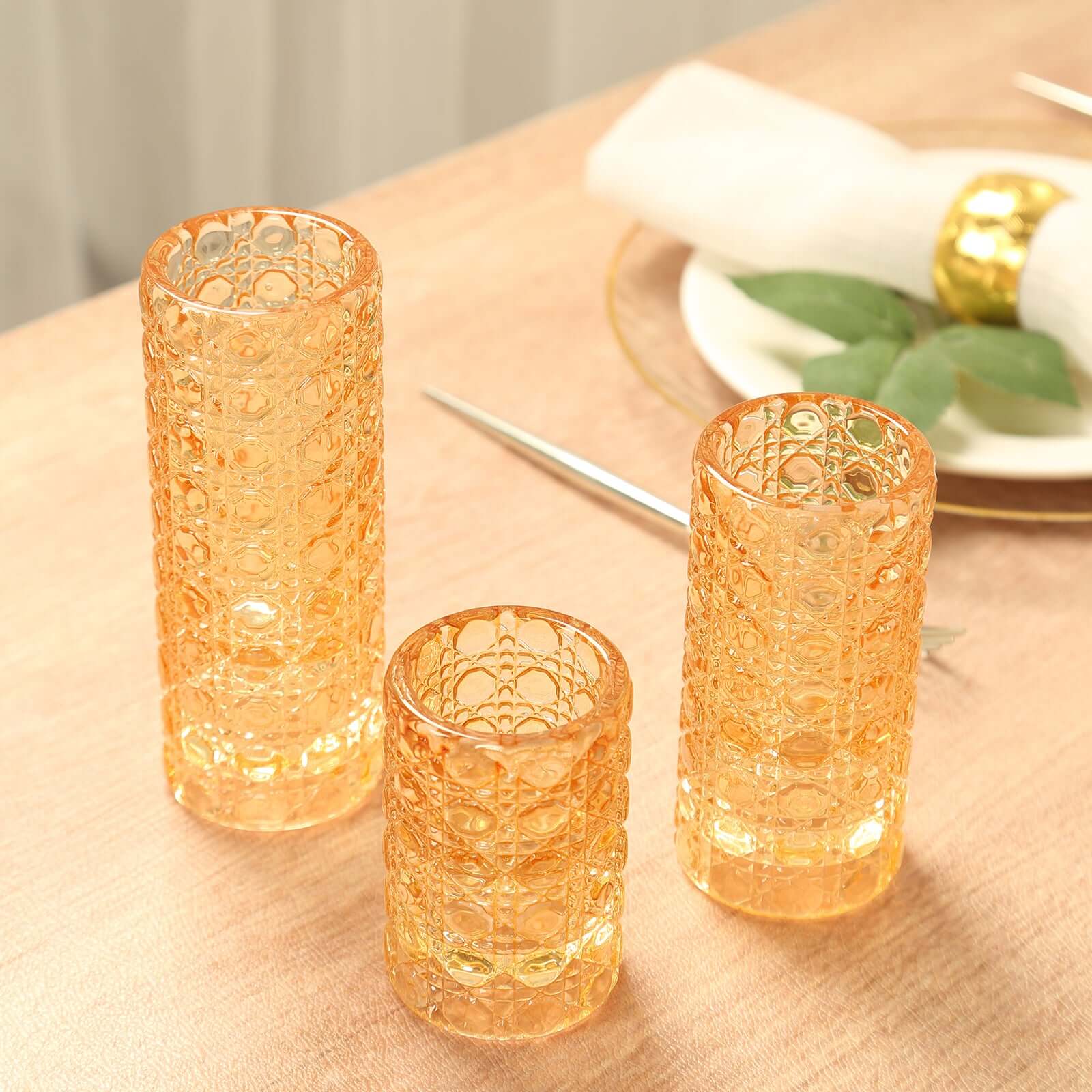 Set of 3 Glass Taper Candle Holders 3", 4", 5.5" Amber Gold with Gemstone Pattern - Dual Sided Crystal Cylinder Tealight Stands - Image 6