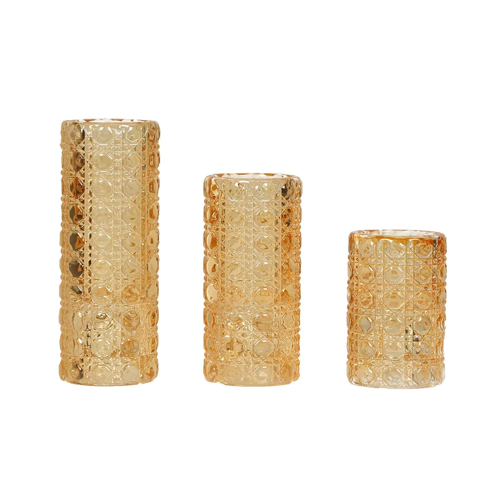 Set of 3 Glass Taper Candle Holders 3", 4", 5.5" Amber Gold with Gemstone Pattern - Dual Sided Crystal Cylinder Tealight Stands - Image 7