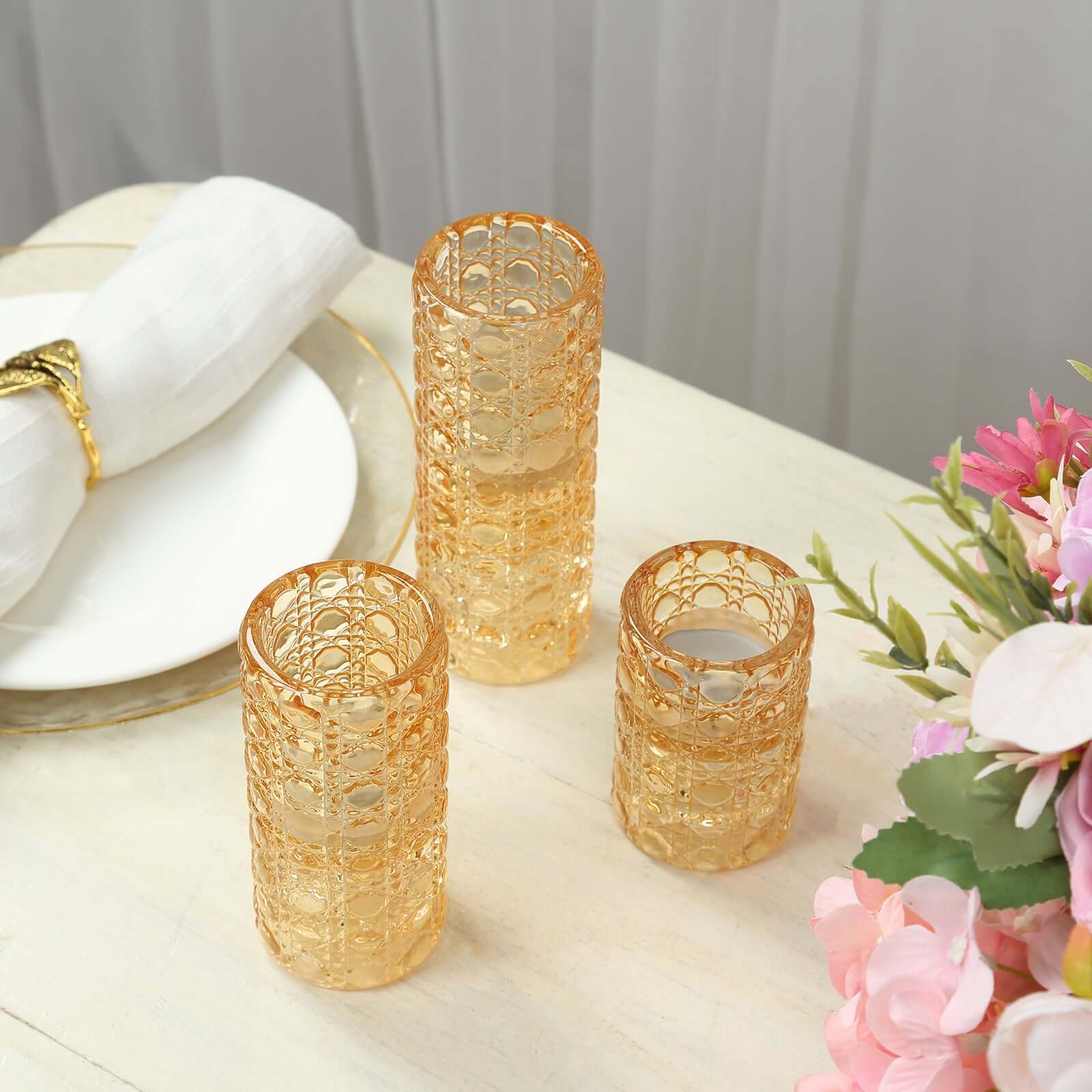 Set of 3 Glass Taper Candle Holders 3", 4", 5.5" Amber Gold with Gemstone Pattern - Dual Sided Crystal Cylinder Tealight Stands - Image 8