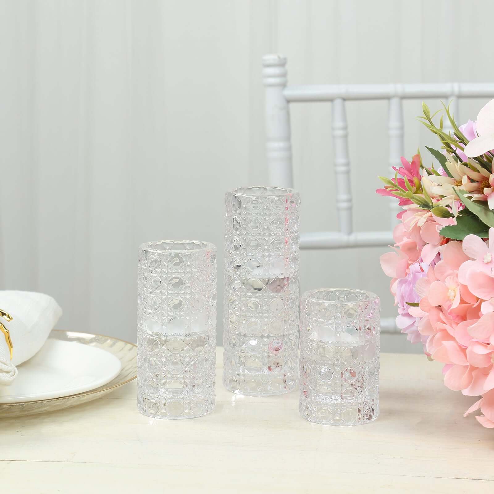 Set of 3 Glass Taper Candle Holders 3", 4", 5.5" Clear with Gemstone Pattern - Dual Sided Crystal Cylinder Tealight Stands - Image 2
