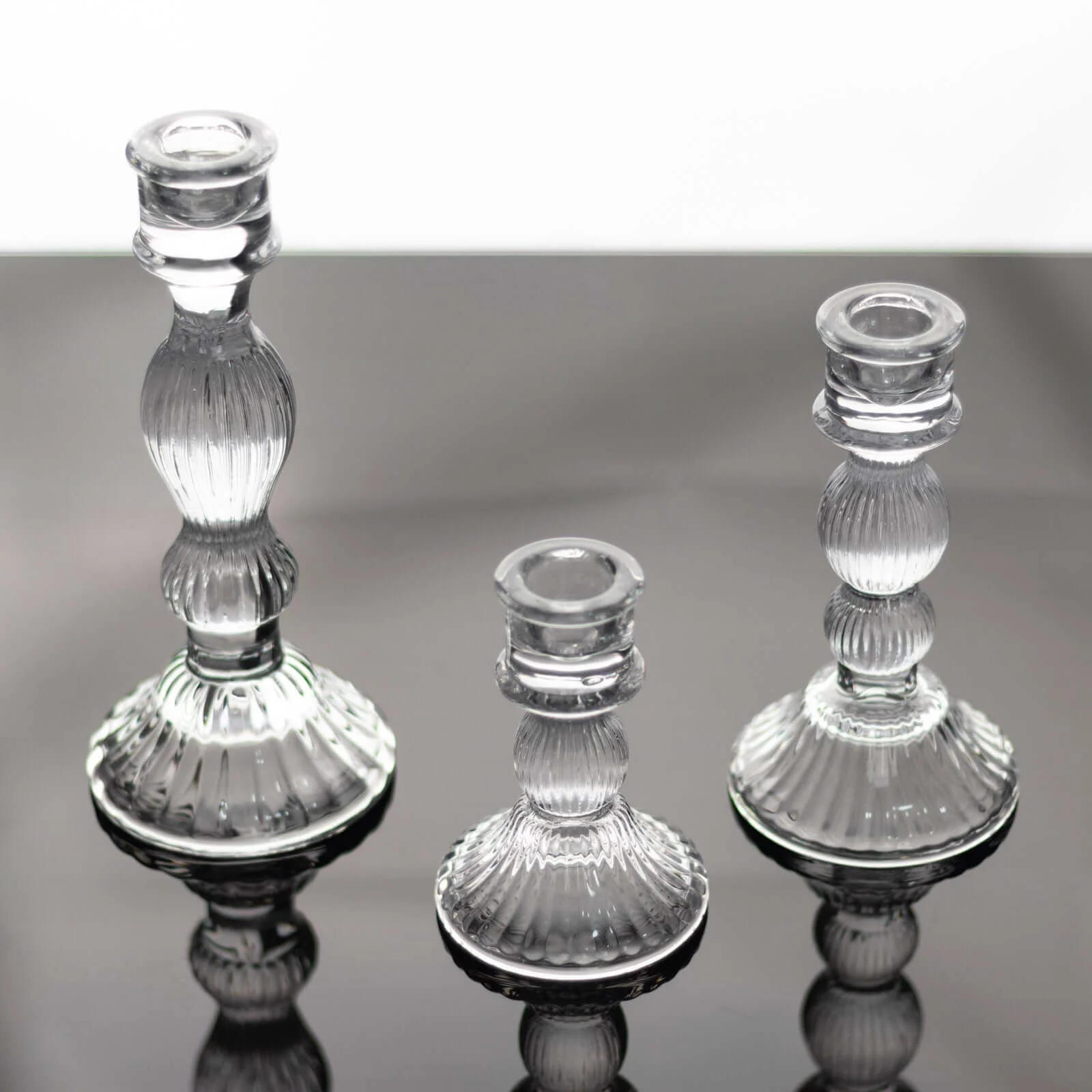 Set of 3 Glass Taper Candle Holders 4", 6", 8" Fluted Design Clear - Ribbed Crystal Candlestick Stands - Image 7