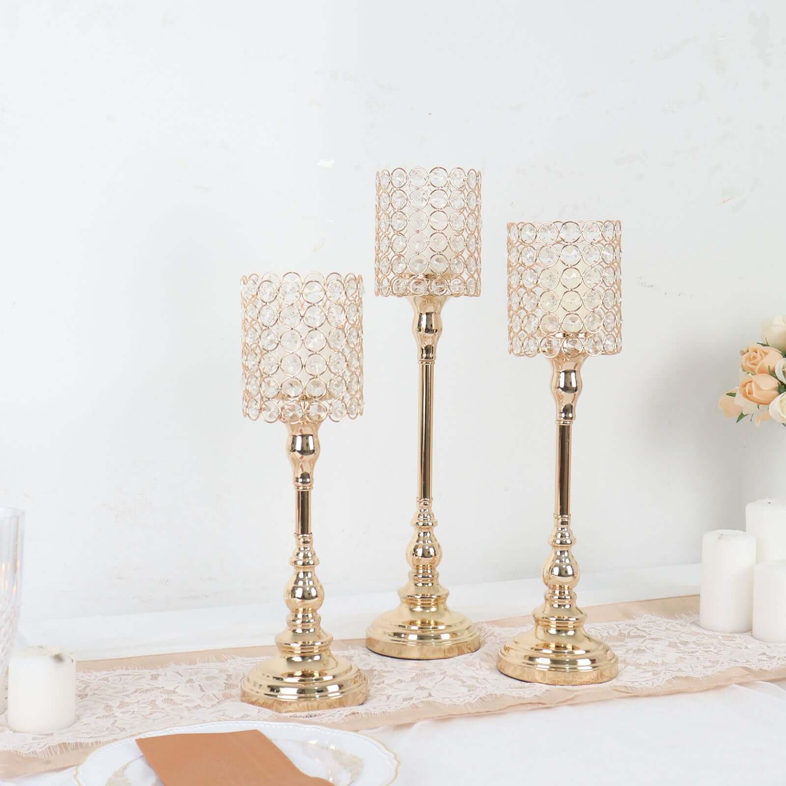 Set of 3 Gold Crystal Beaded Goblet Votive Candle Holder Stands 18", 16", 14" - Tea Light Centerpiece - Image 2