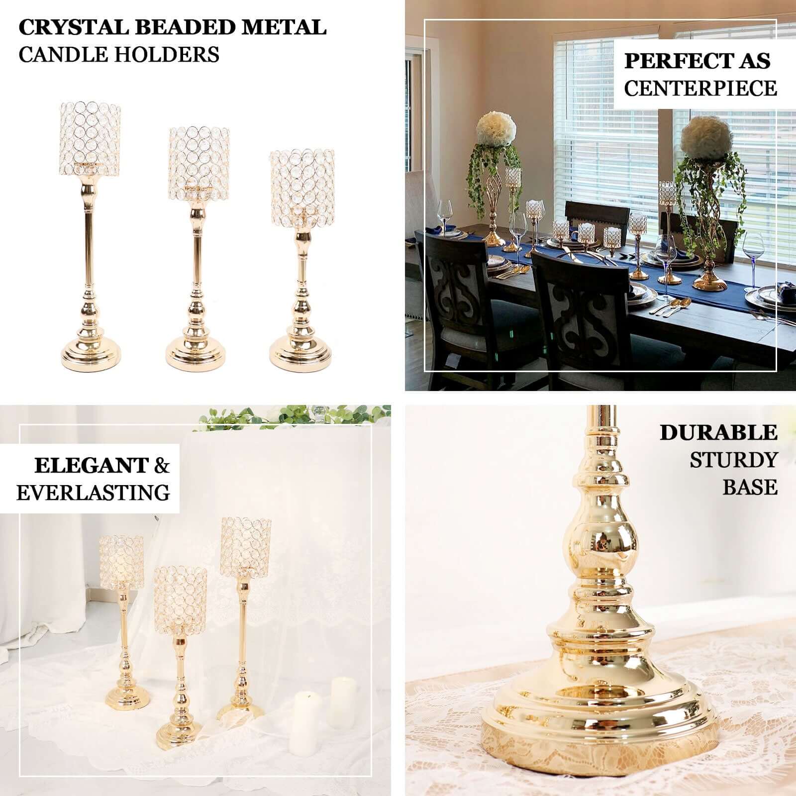 Set of 3 Gold Crystal Beaded Goblet Votive Candle Holder Stands 18", 16", 14" - Tea Light Centerpiece - Image 4