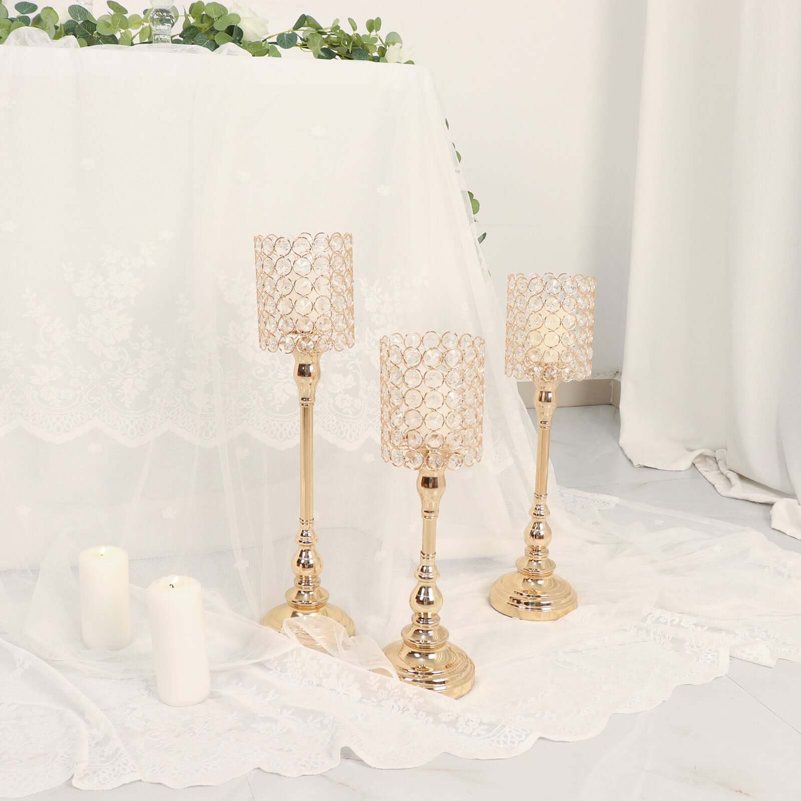 Set of 3 Gold Crystal Beaded Goblet Votive Candle Holder Stands 18", 16", 14" - Tea Light Centerpiece - Image 7