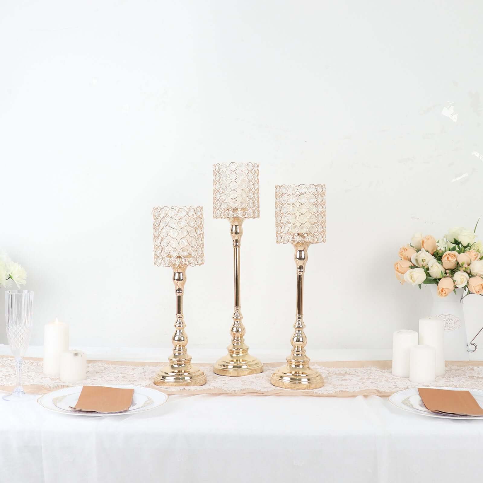 Set of 3 Gold Crystal Beaded Goblet Votive Candle Holder Stands 18", 16", 14" - Tea Light Centerpiece - Image 8