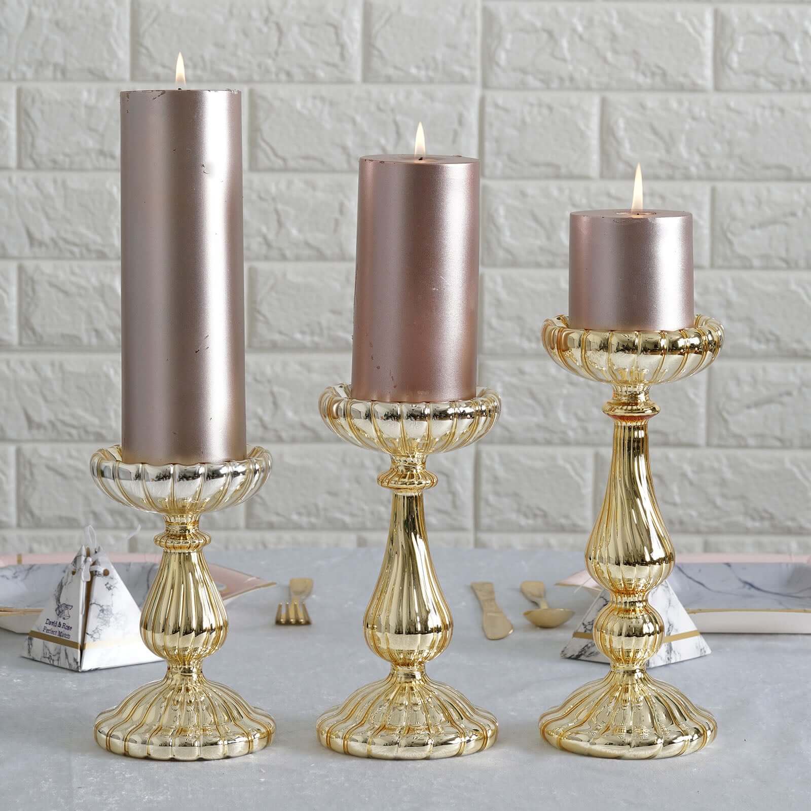 Set of 3 Gold Mercury Glass Candle Holder Stands 7", 8", 10" Pillar Design - Votive Centerpieces for Weddings & Events
