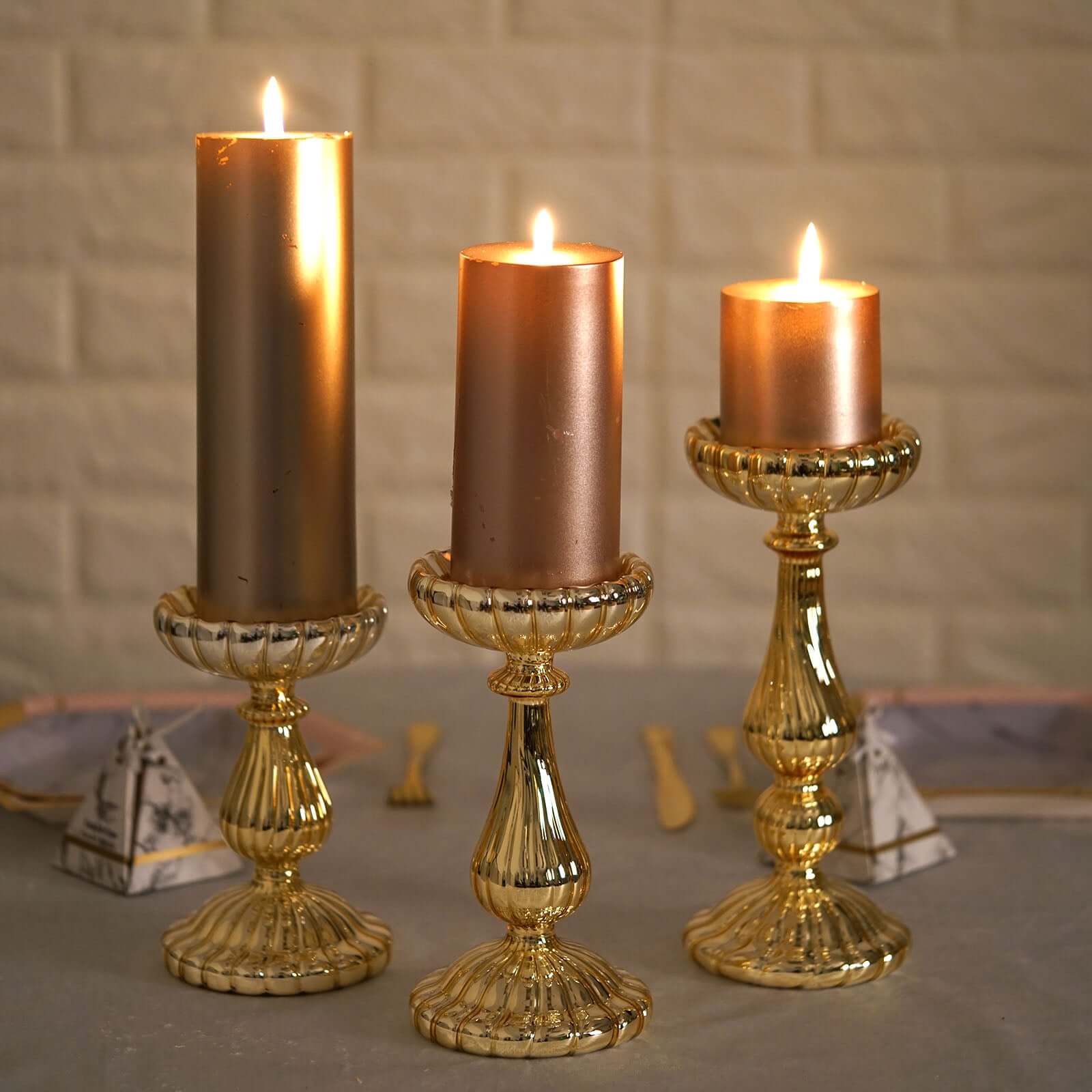 Set of 3 Gold Mercury Glass Candle Holder Stands 7", 8", 10" Pillar Design - Votive Centerpieces for Weddings & Events - Image 2