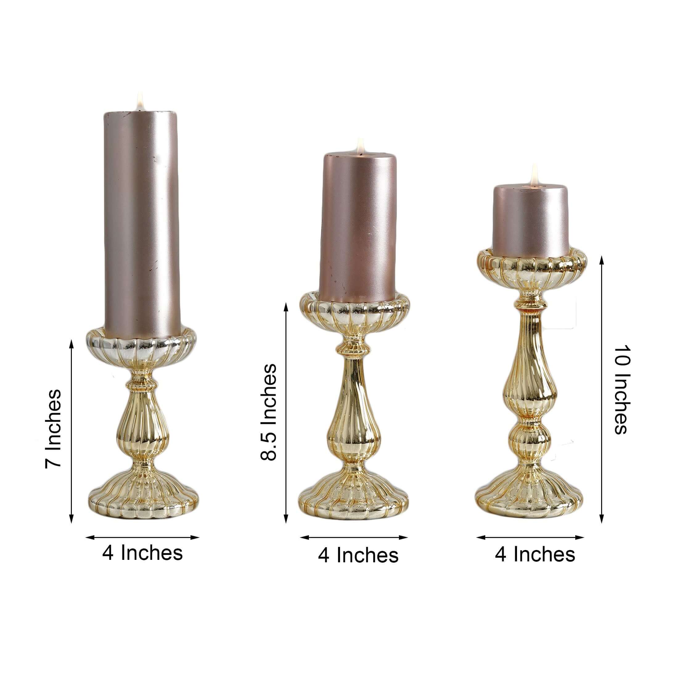 Set of 3 Gold Mercury Glass Candle Holder Stands 7", 8", 10" Pillar Design - Votive Centerpieces for Weddings & Events - Image 3