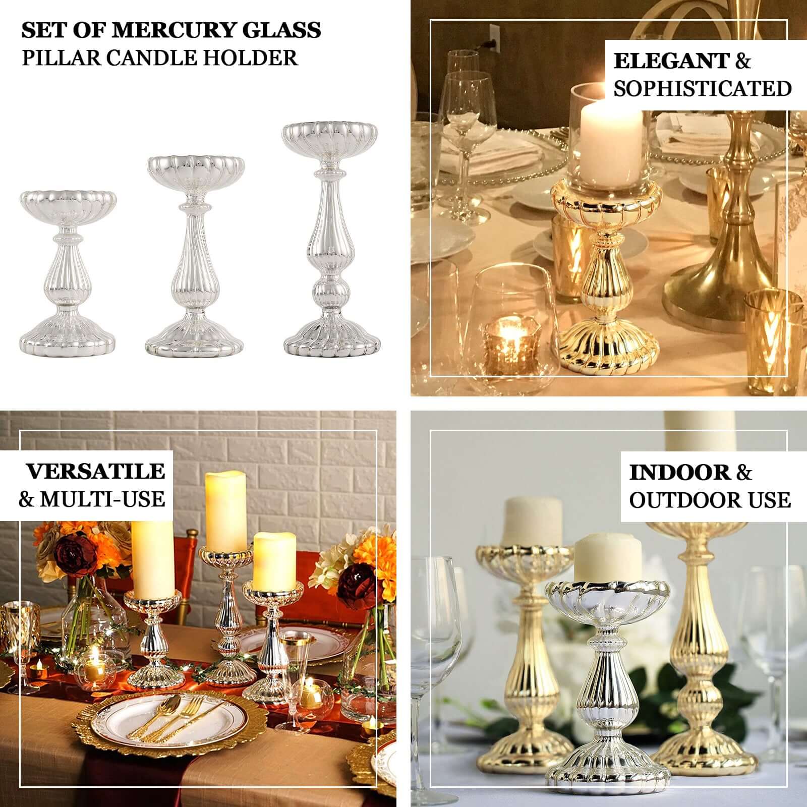 Set of 3 Gold Mercury Glass Candle Holder Stands 7", 8", 10" Pillar Design - Votive Centerpieces for Weddings & Events - Image 4
