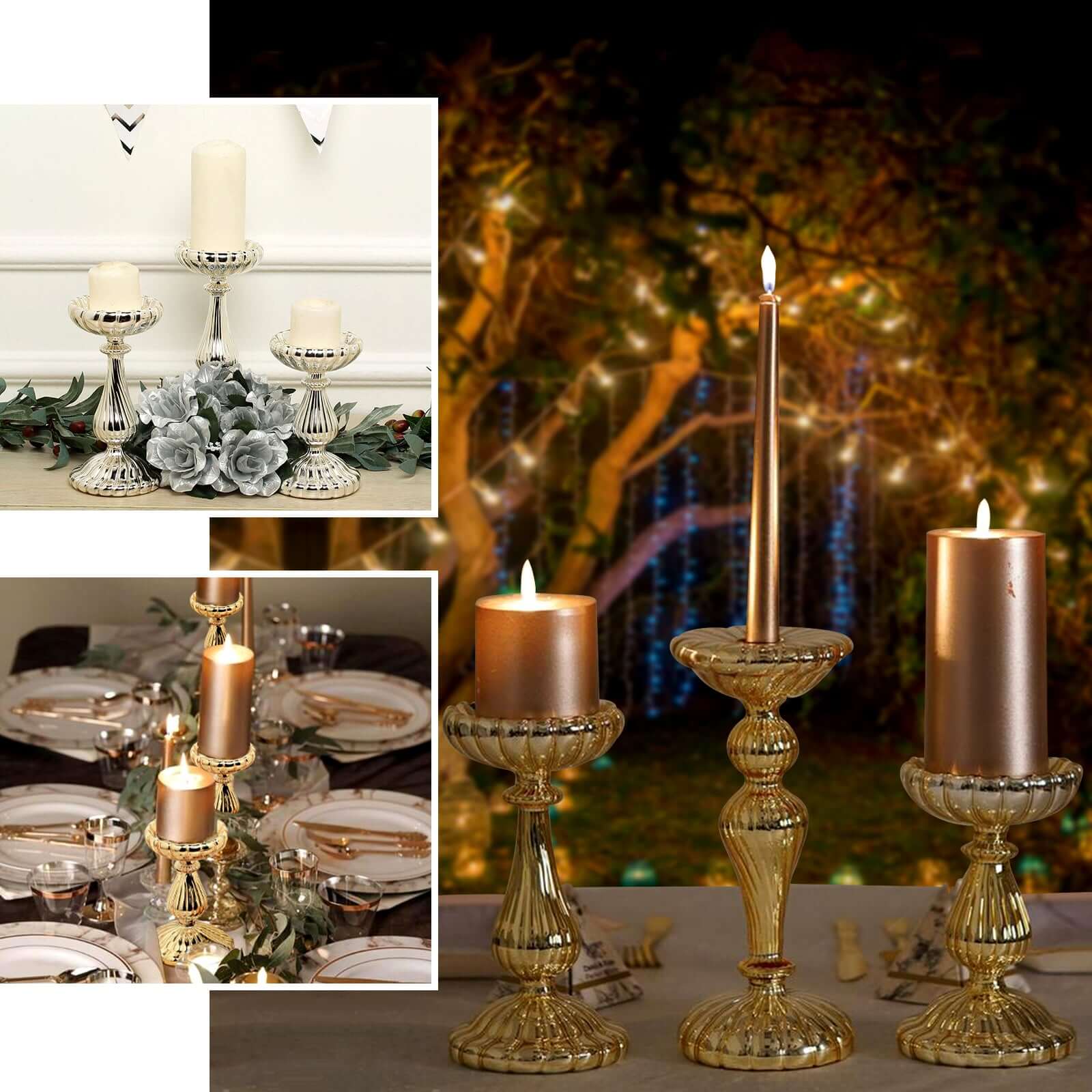 Set of 3 Gold Mercury Glass Candle Holder Stands 7", 8", 10" Pillar Design - Votive Centerpieces for Weddings & Events - Image 5