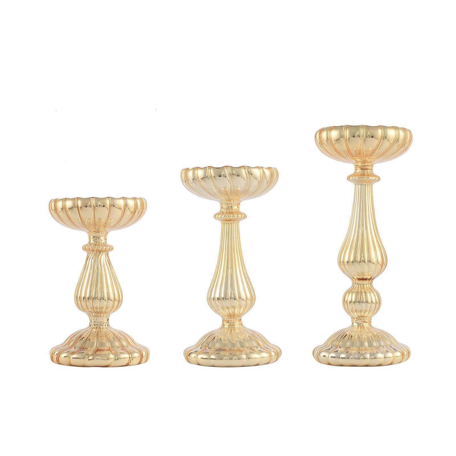 Set of 3 Gold Mercury Glass Candle Holder Stands 7", 8", 10" Pillar Design - Votive Centerpieces for Weddings & Events - Image 7