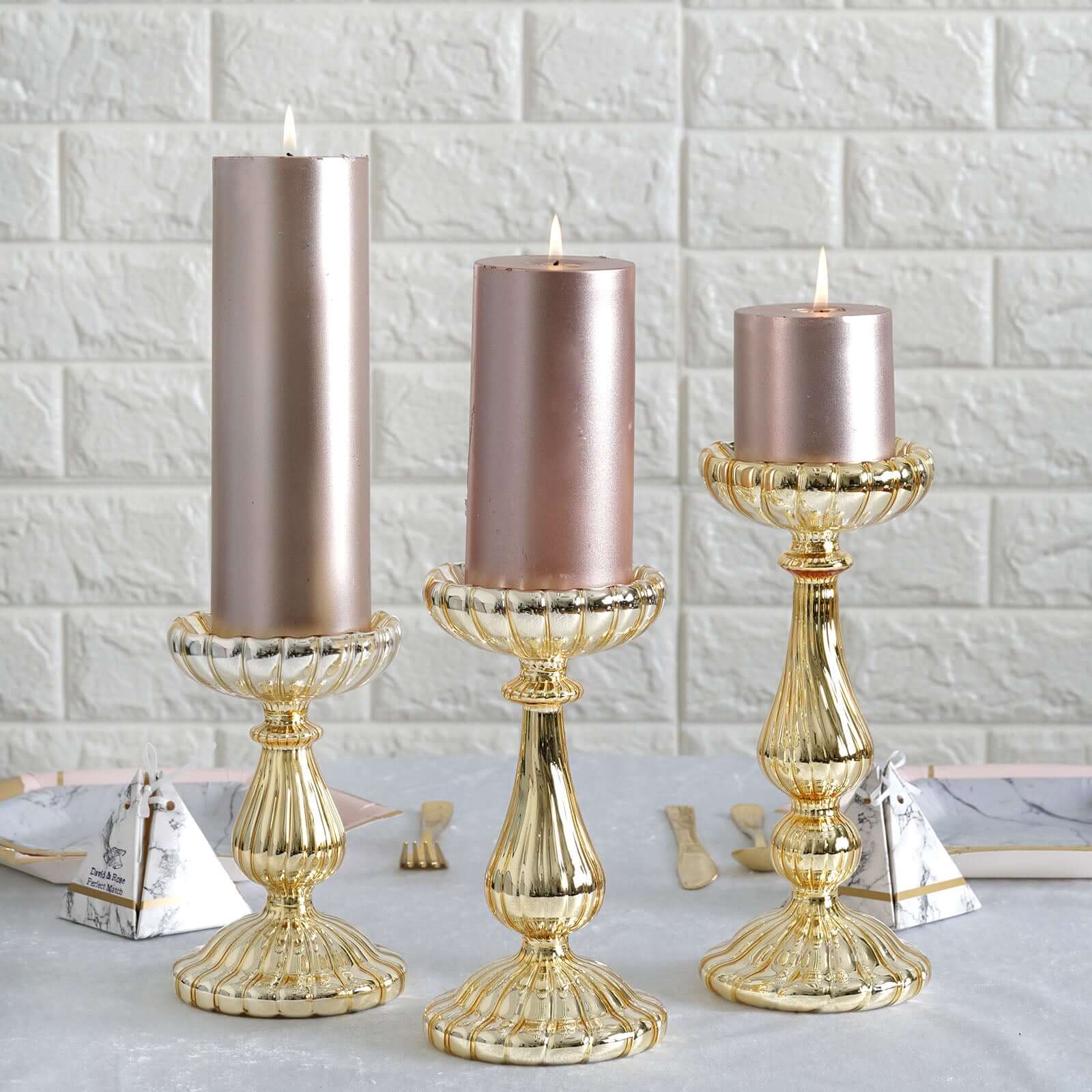 Set of 3 Gold Mercury Glass Candle Holder Stands 7", 8", 10" Pillar Design - Votive Centerpieces for Weddings & Events - Image 8