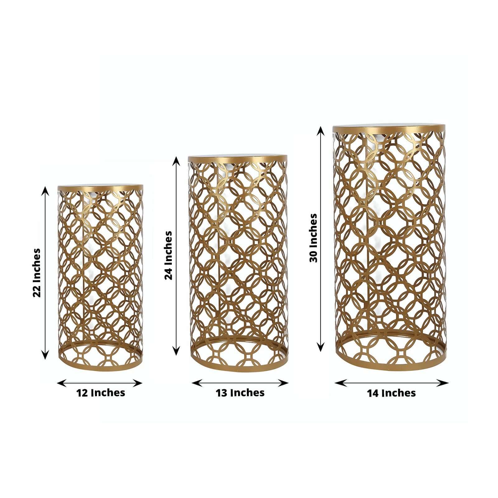 Set of 3 Gold Metal Cylinder Plinth Pedestal Stands, Round Mesh Pillar Cake Display Stand in Hollow Overlapping Circles Pattern - 22",24",30" - Image 3