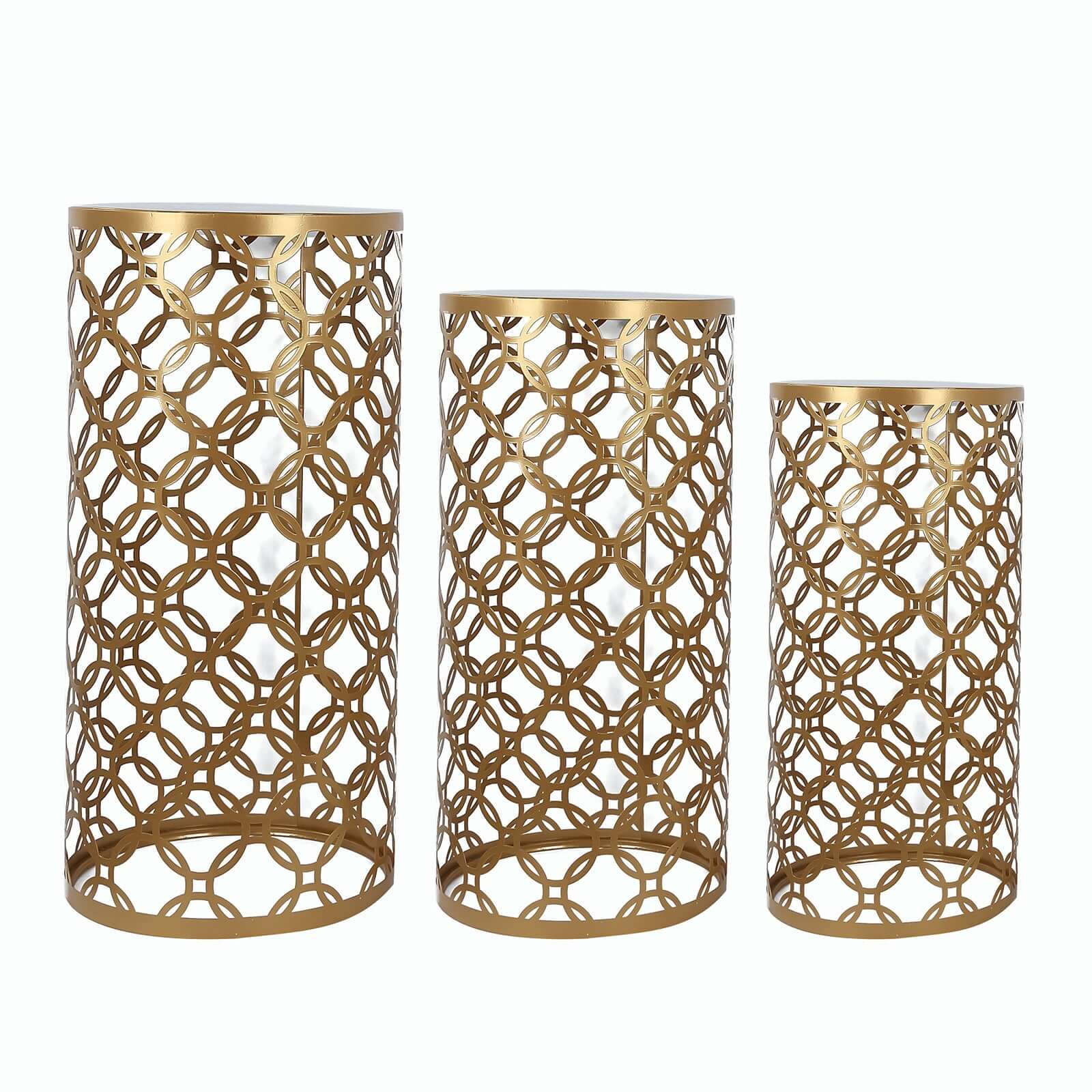 Set of 3 Gold Metal Cylinder Plinth Pedestal Stands, Round Mesh Pillar Cake Display Stand in Hollow Overlapping Circles Pattern - 22",24",30" - Image 7