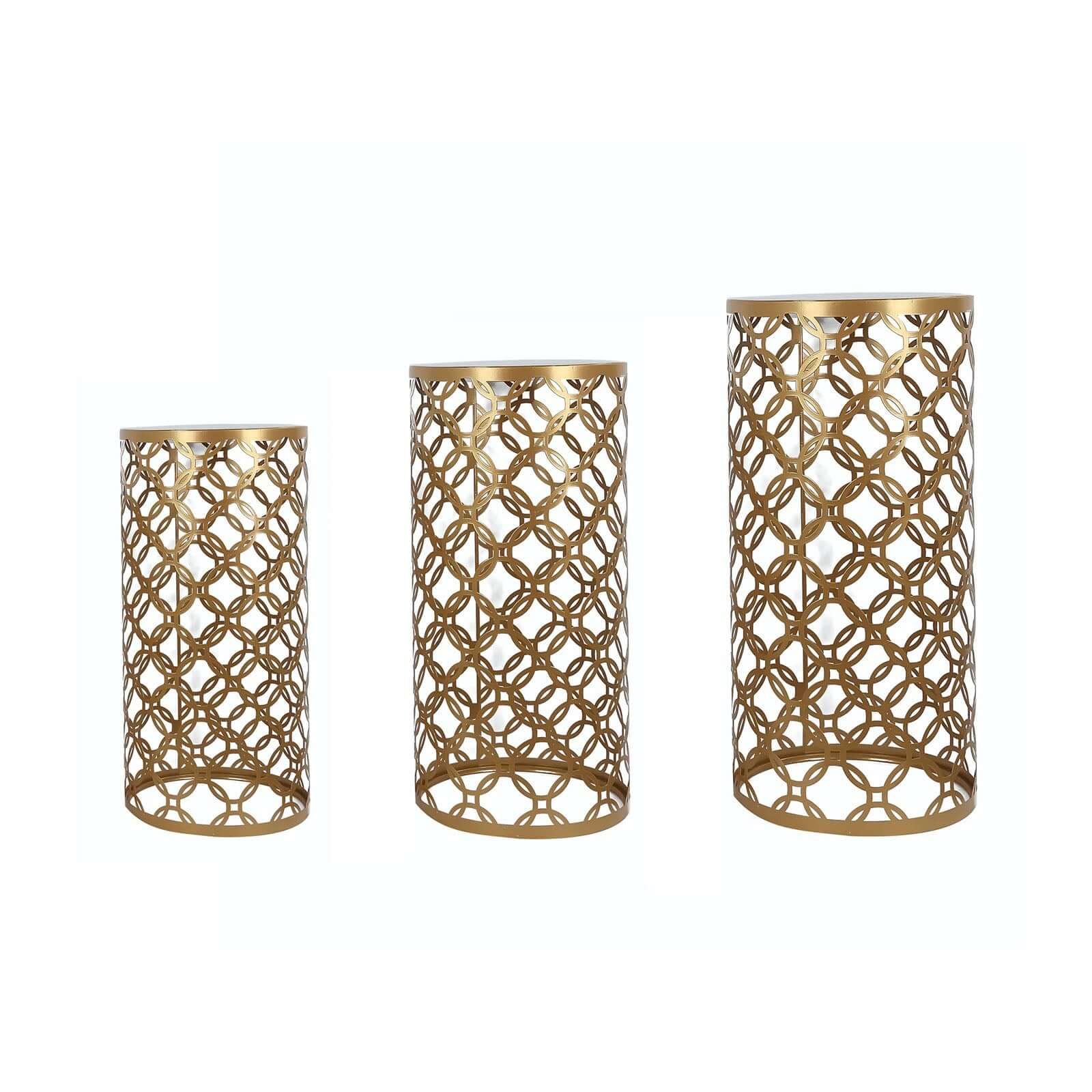 Set of 3 Gold Metal Cylinder Plinth Pedestal Stands, Round Mesh Pillar Cake Display Stand in Hollow Overlapping Circles Pattern - 22",24",30" - Image 9
