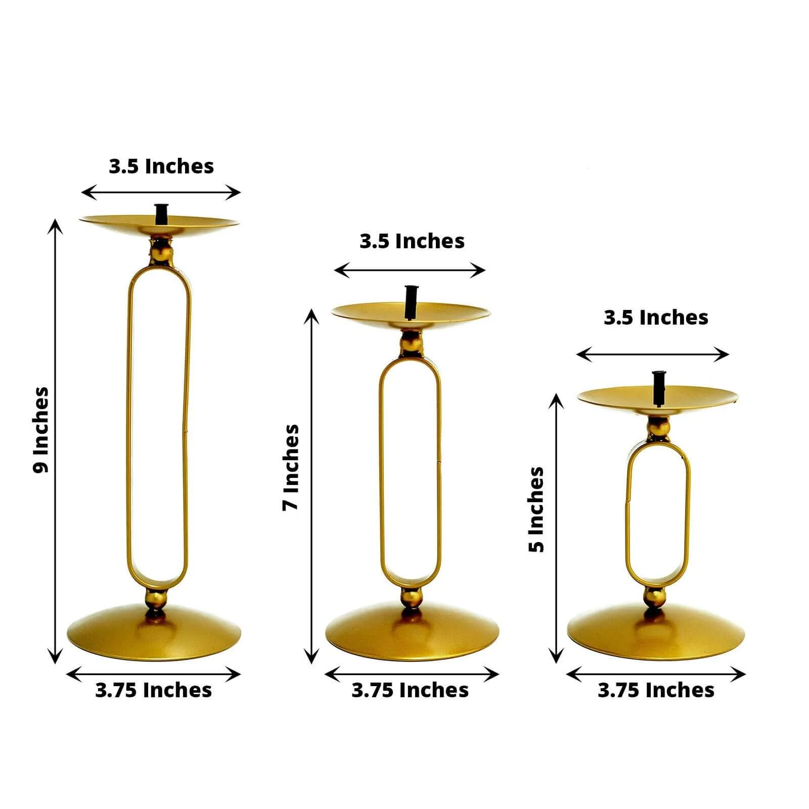 Set of 3 Gold Metal Oval Frame Pillar Candle Holders, Geometric Table Centerpieces - Assorted Sizes for Weddings - Image 4