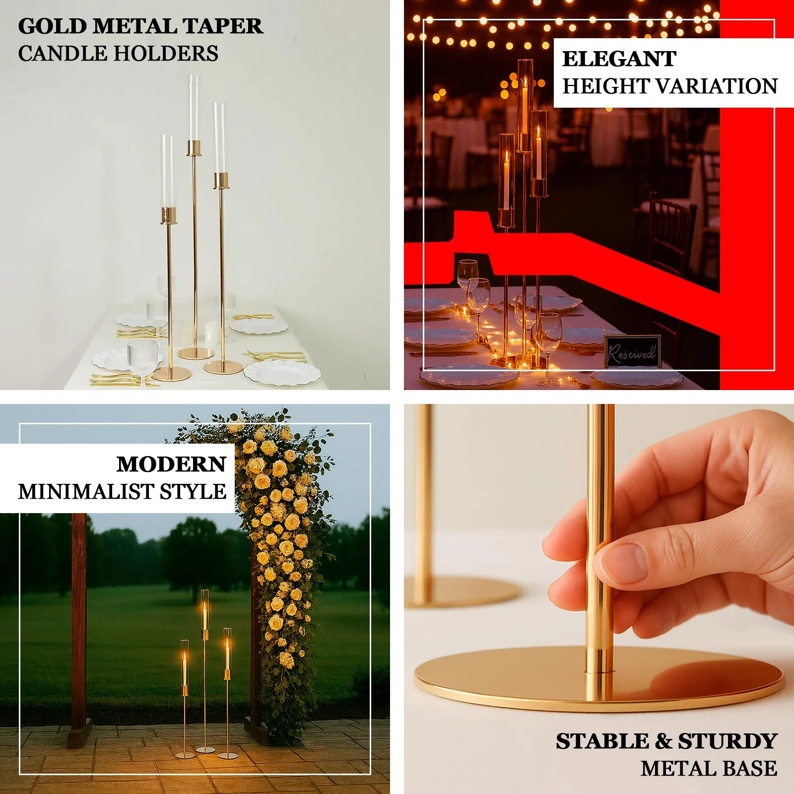 Set of 3 Gold Metal Taper Candle Holders with Hurricane Glass Shades – Modern Minimalist Candlestick Stands – 28", 32", 36" - Image 3