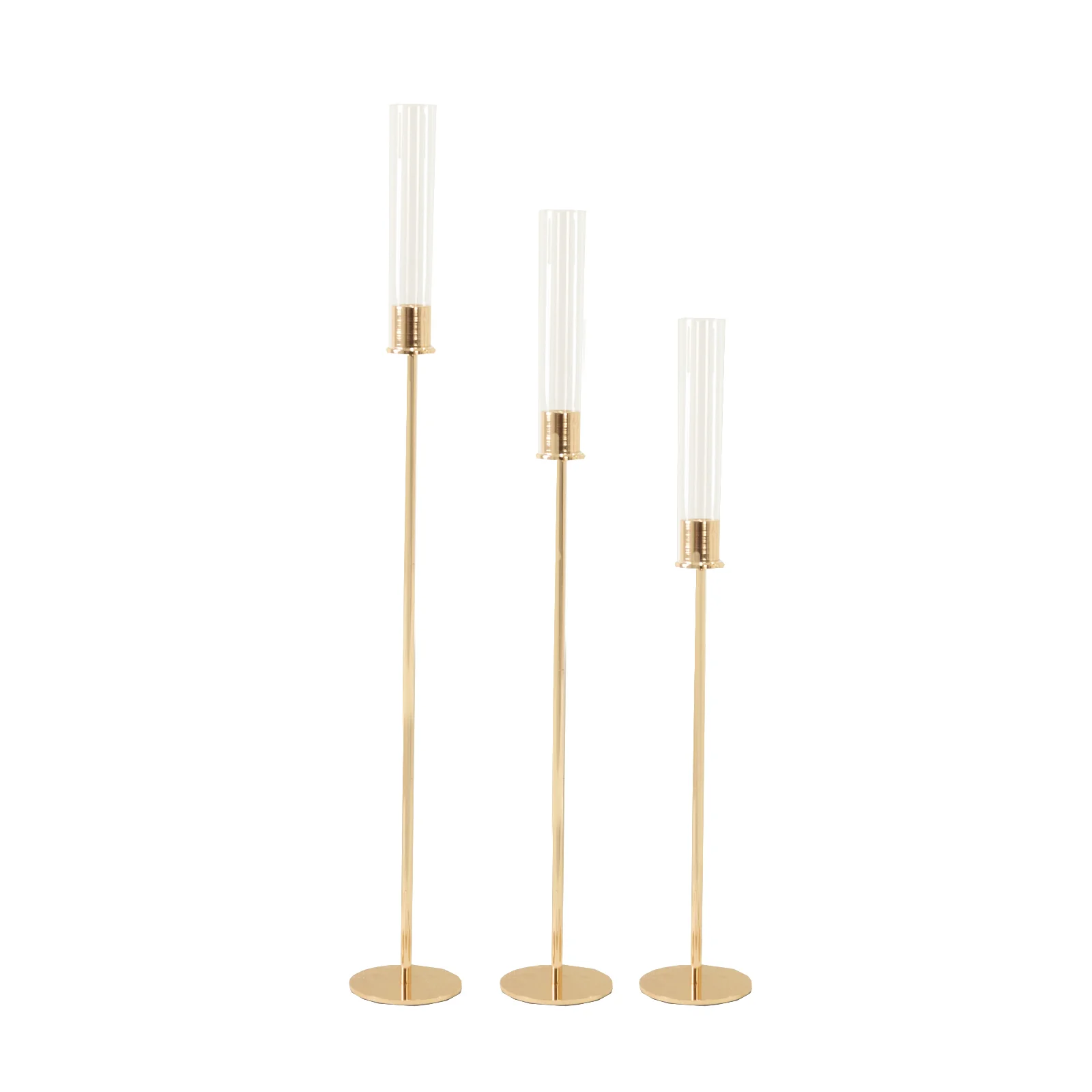 Set of 3 Gold Metal Taper Candle Holders with Hurricane Glass Shades – Modern Minimalist Candlestick Stands – 28", 32", 36" - Image 6